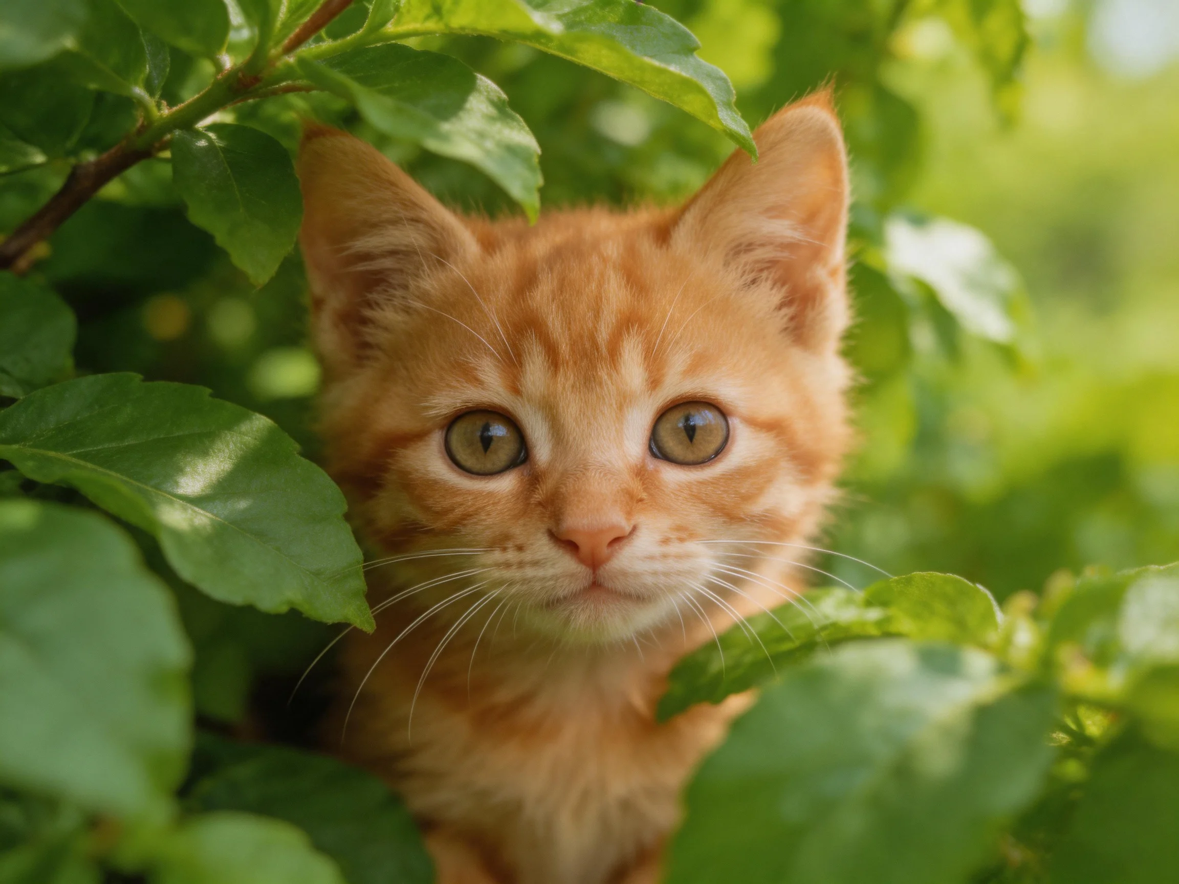 An orange kitten hides among green leaves, gazing directly at the viewer.