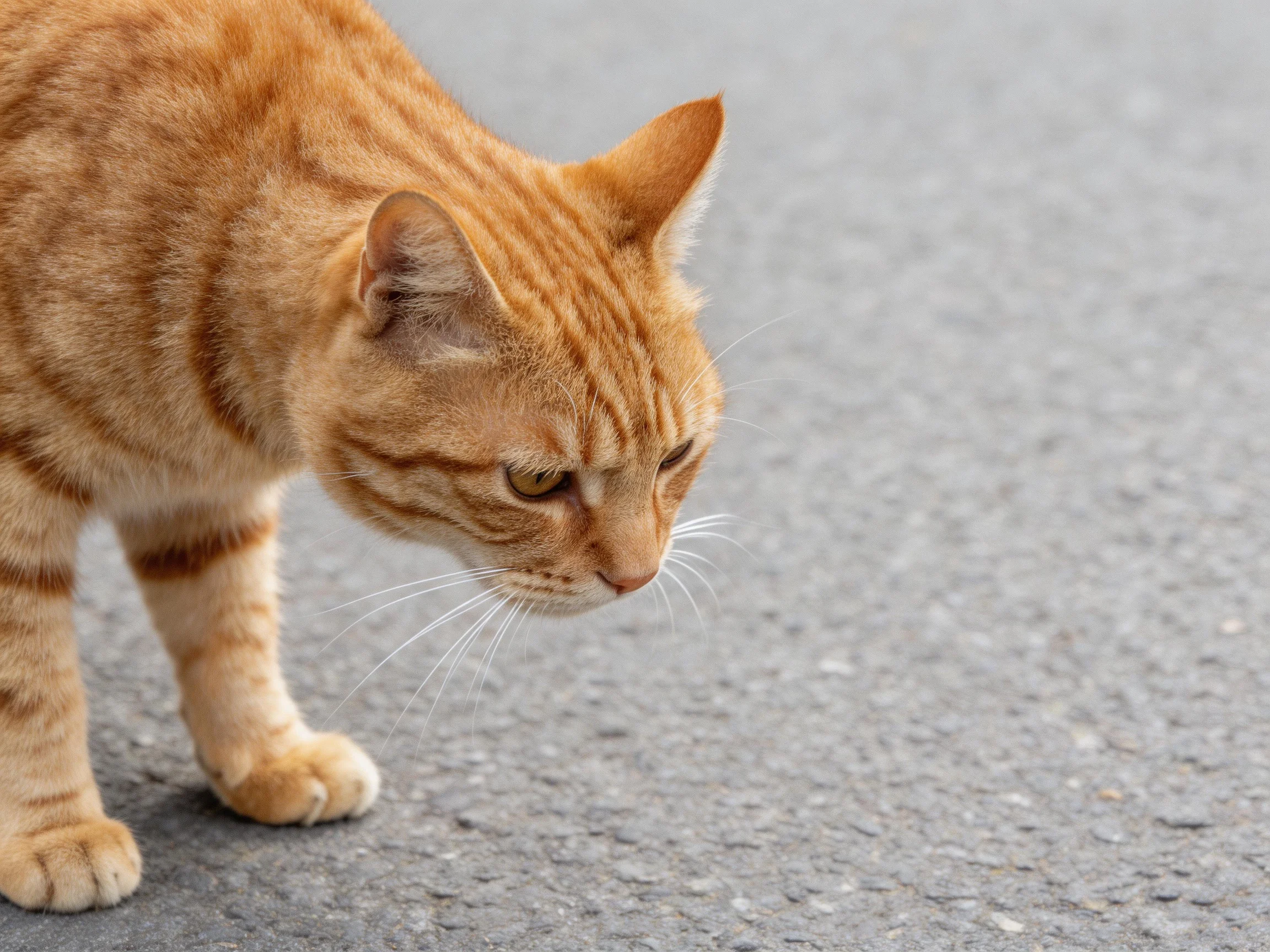 A curious orange tabby cat explores a smooth asphalt surface