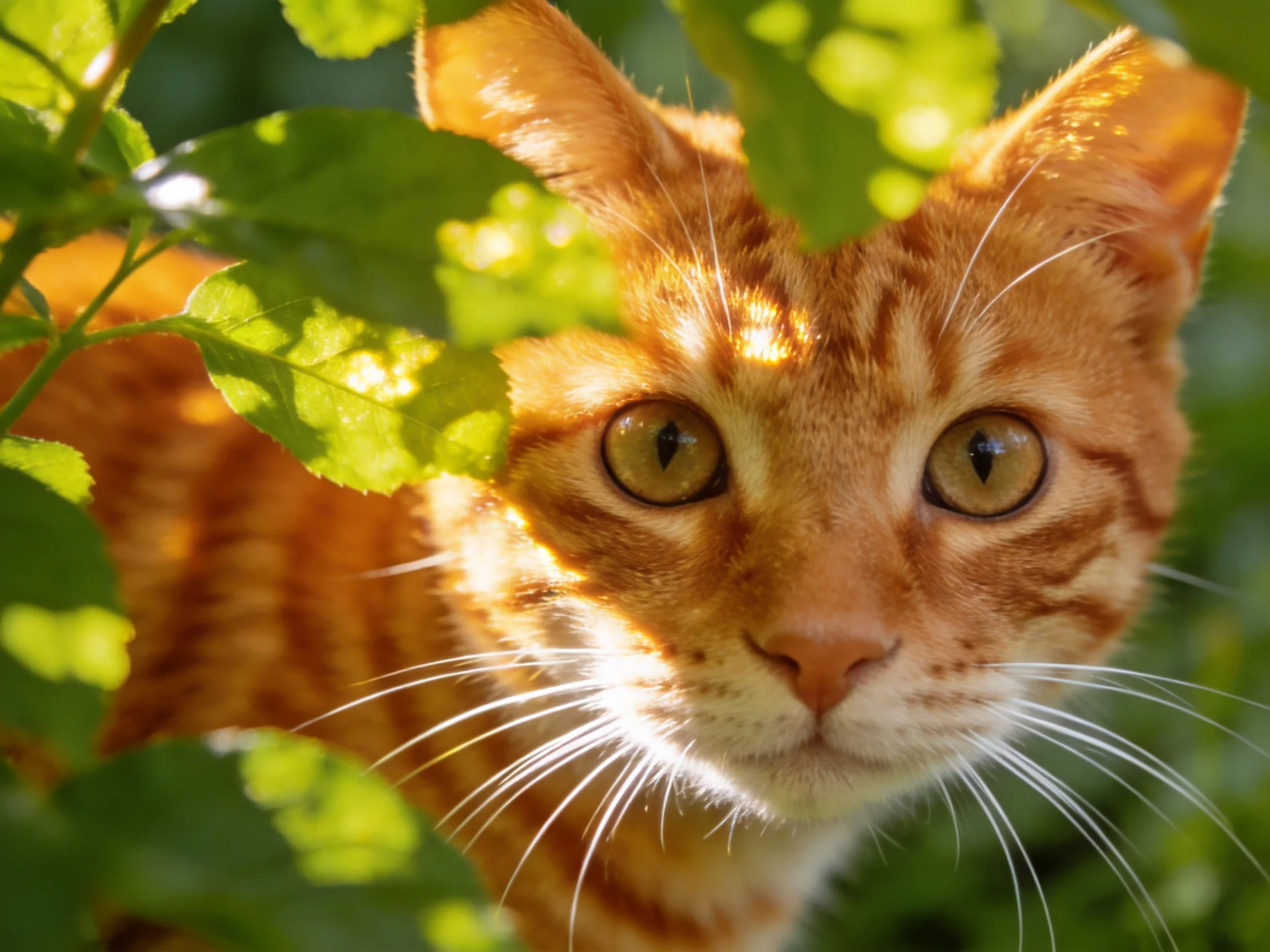 A curious orange tabby cat hides among bright green leaves in golden sunlight
