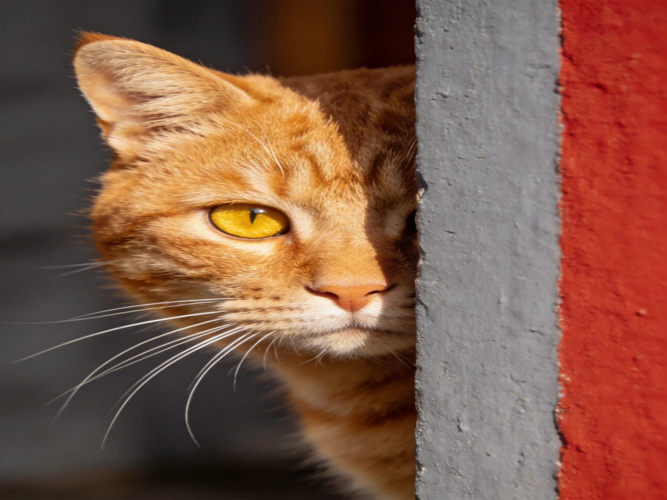 A curious orange tabby cat peeks partially hidden by a gray-red wall.