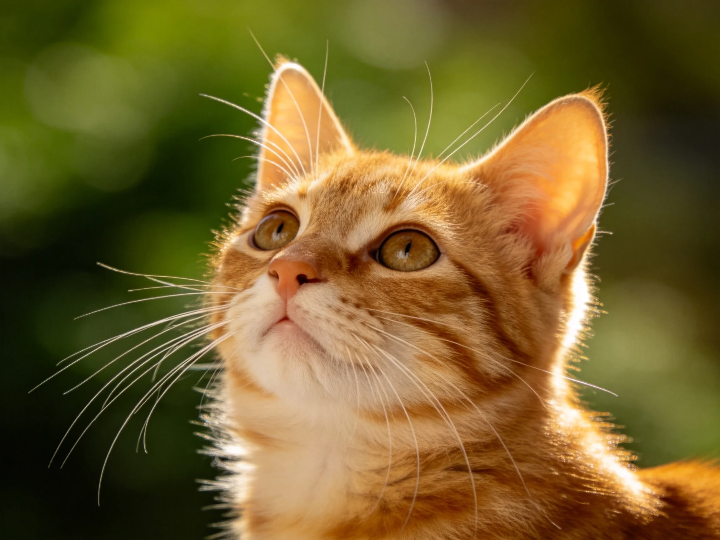 An orange tabby kitten looks upward in a sunlit outdoor setting.