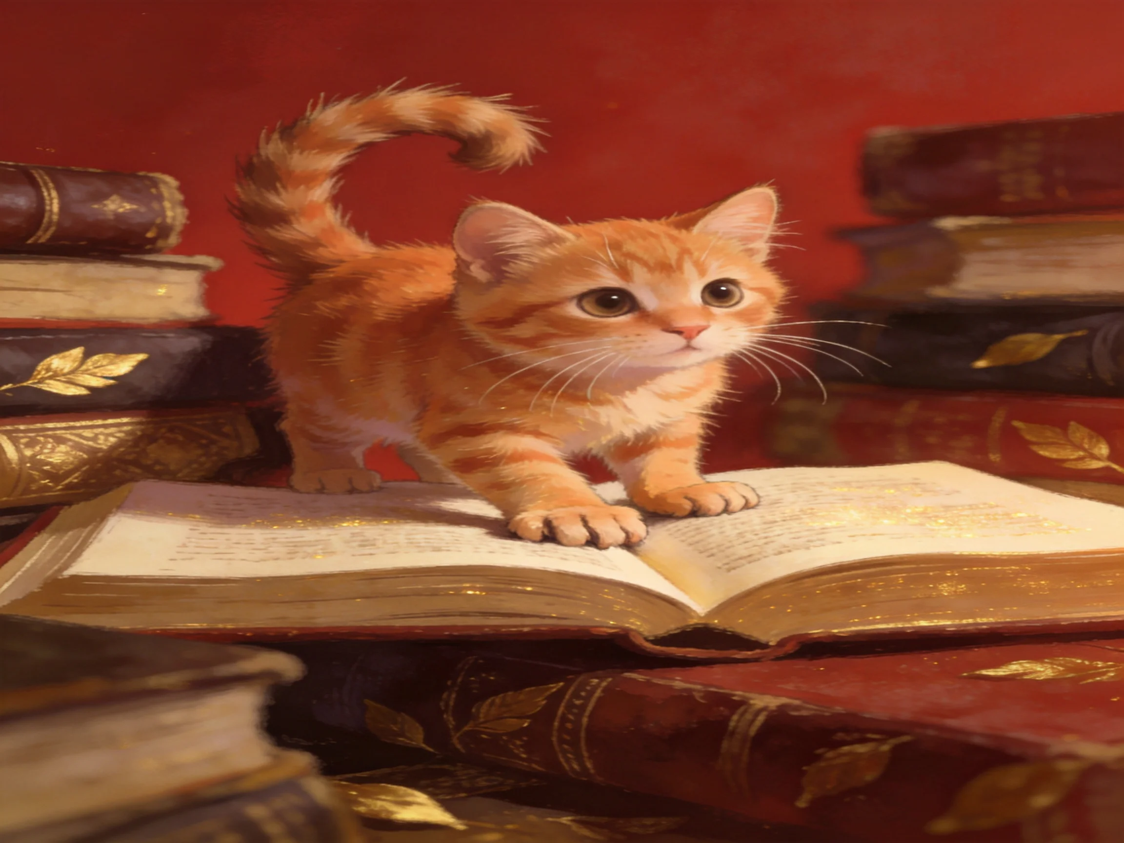 An orange tabby kitten explores an open antique book among stacked vintage books.