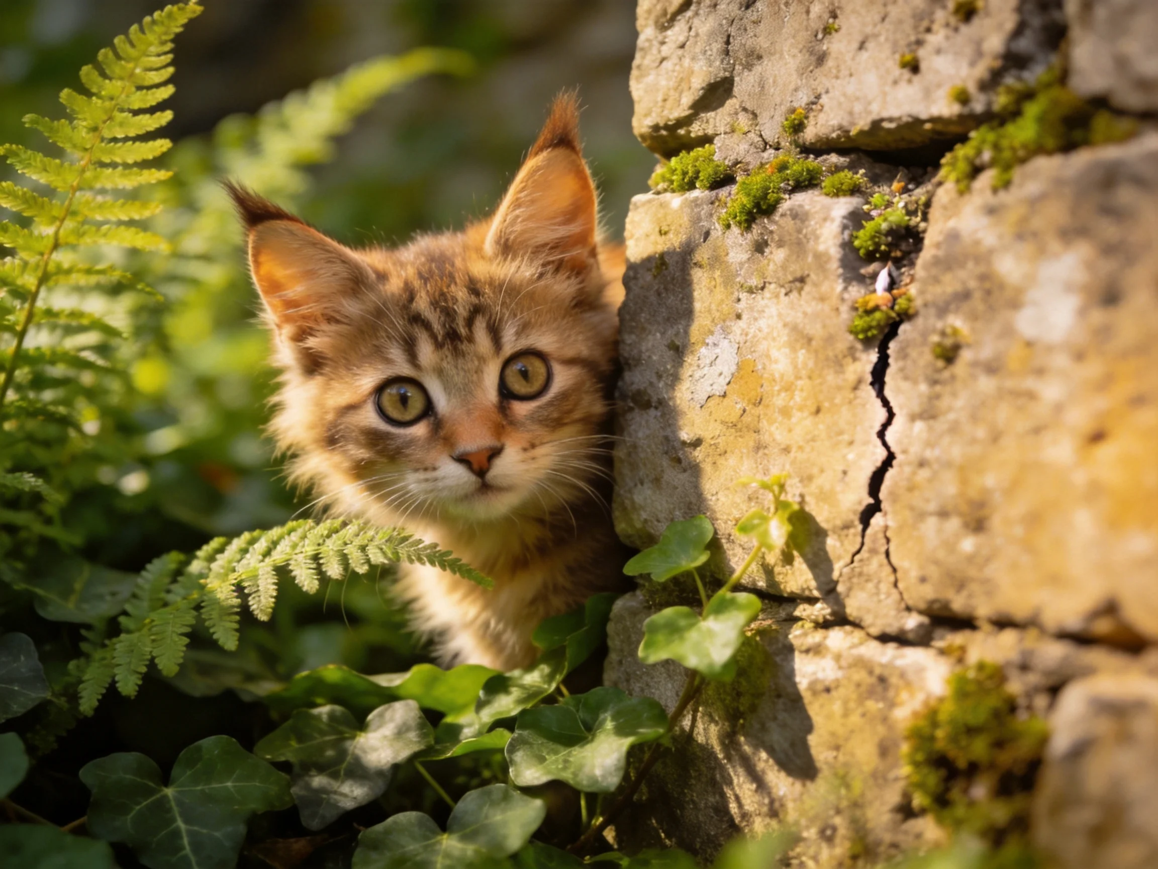 An orange tabby kitten peeks from behind a moss-covered stone wall amid lush green plants.