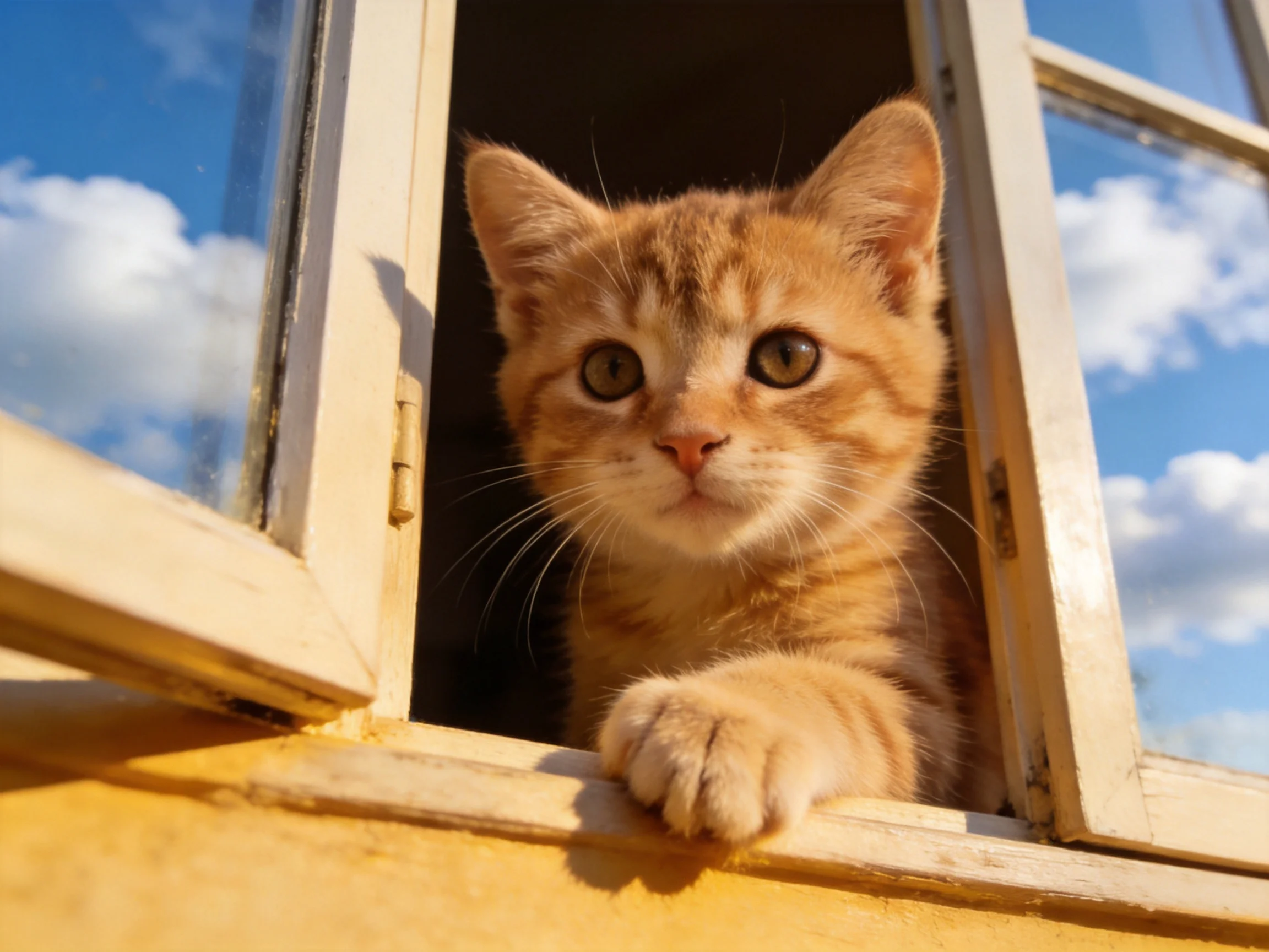 A curious orange tabby kitten gazes out from an open window with blue sky visible