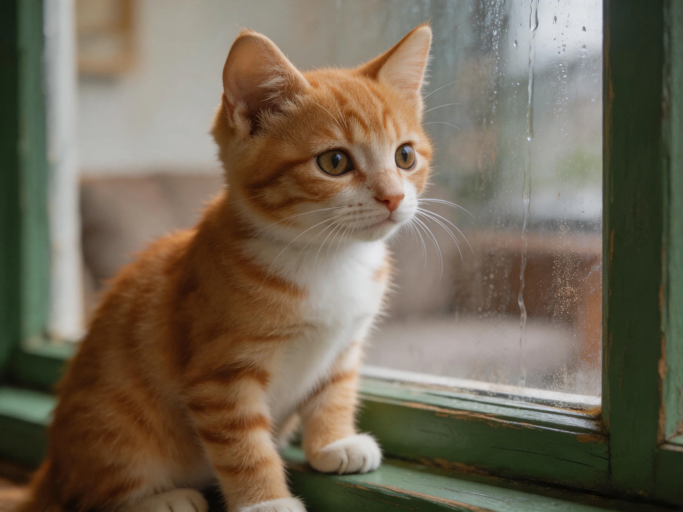 An orange tabby kitten sits by a window with condensation droplets.