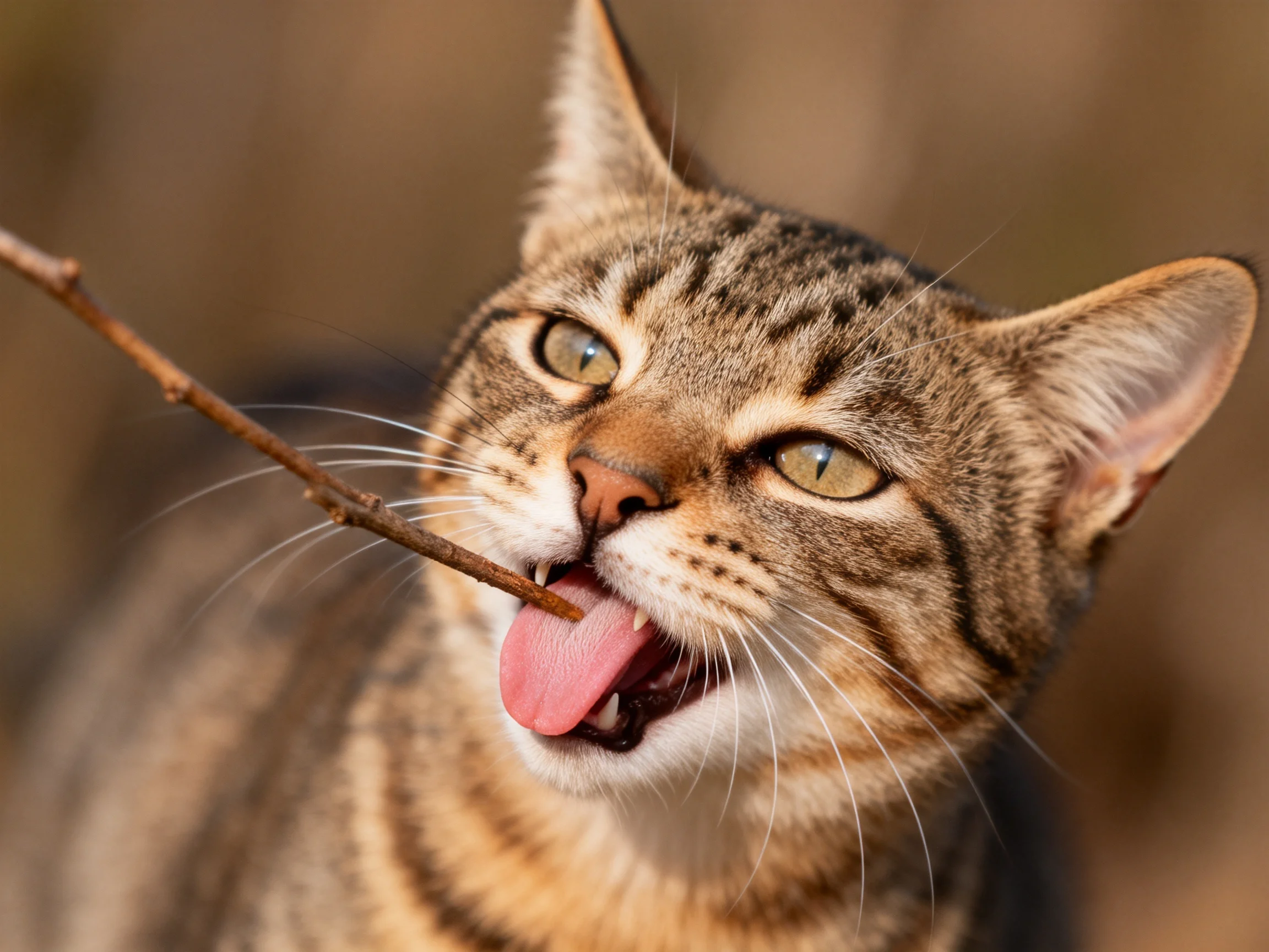 A curious tabby cat chews on a thin brown branch outdoors