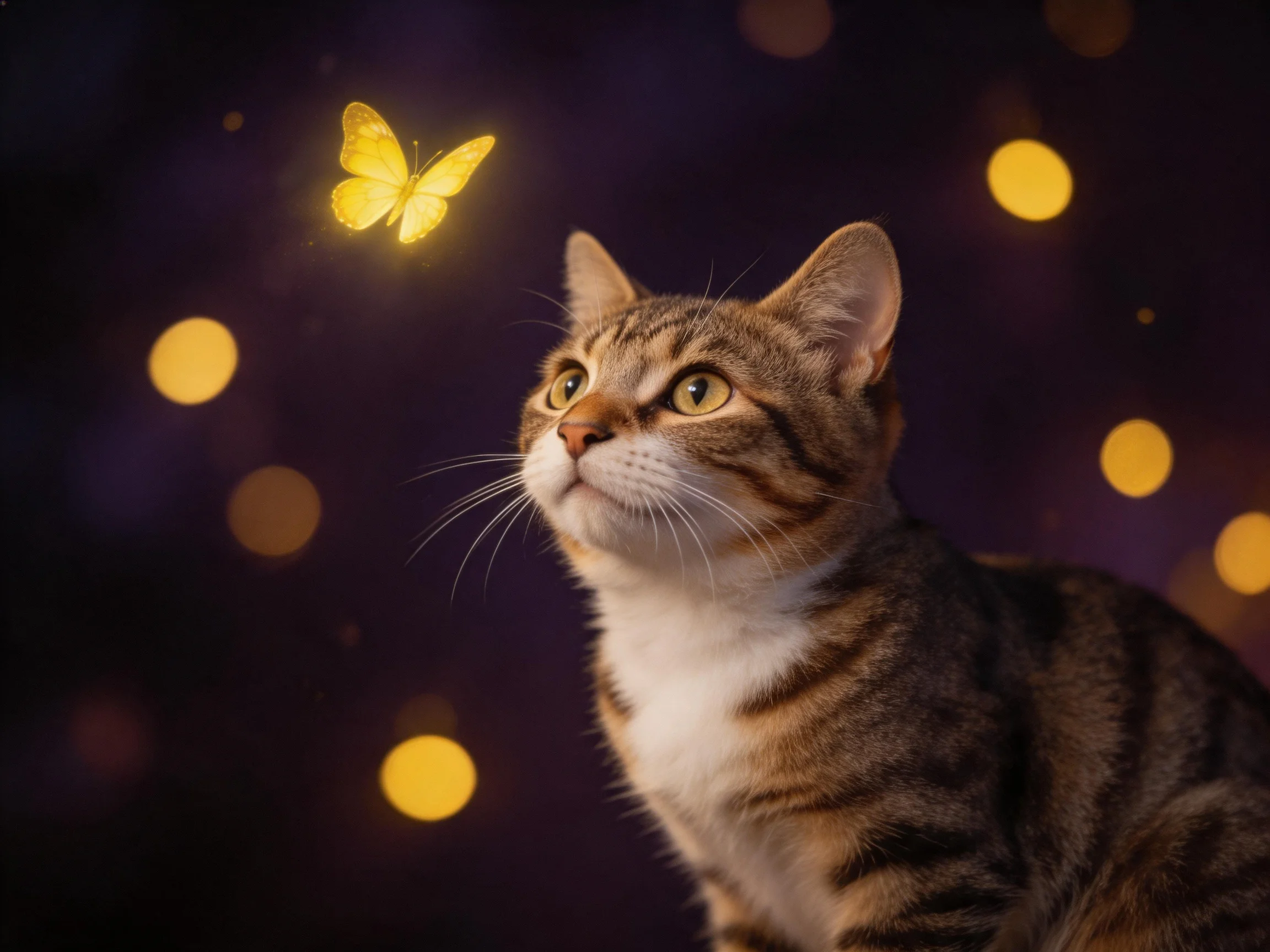 A curious tabby cat looks up at a glowing yellow butterfly against a dark, bokeh-lit background.