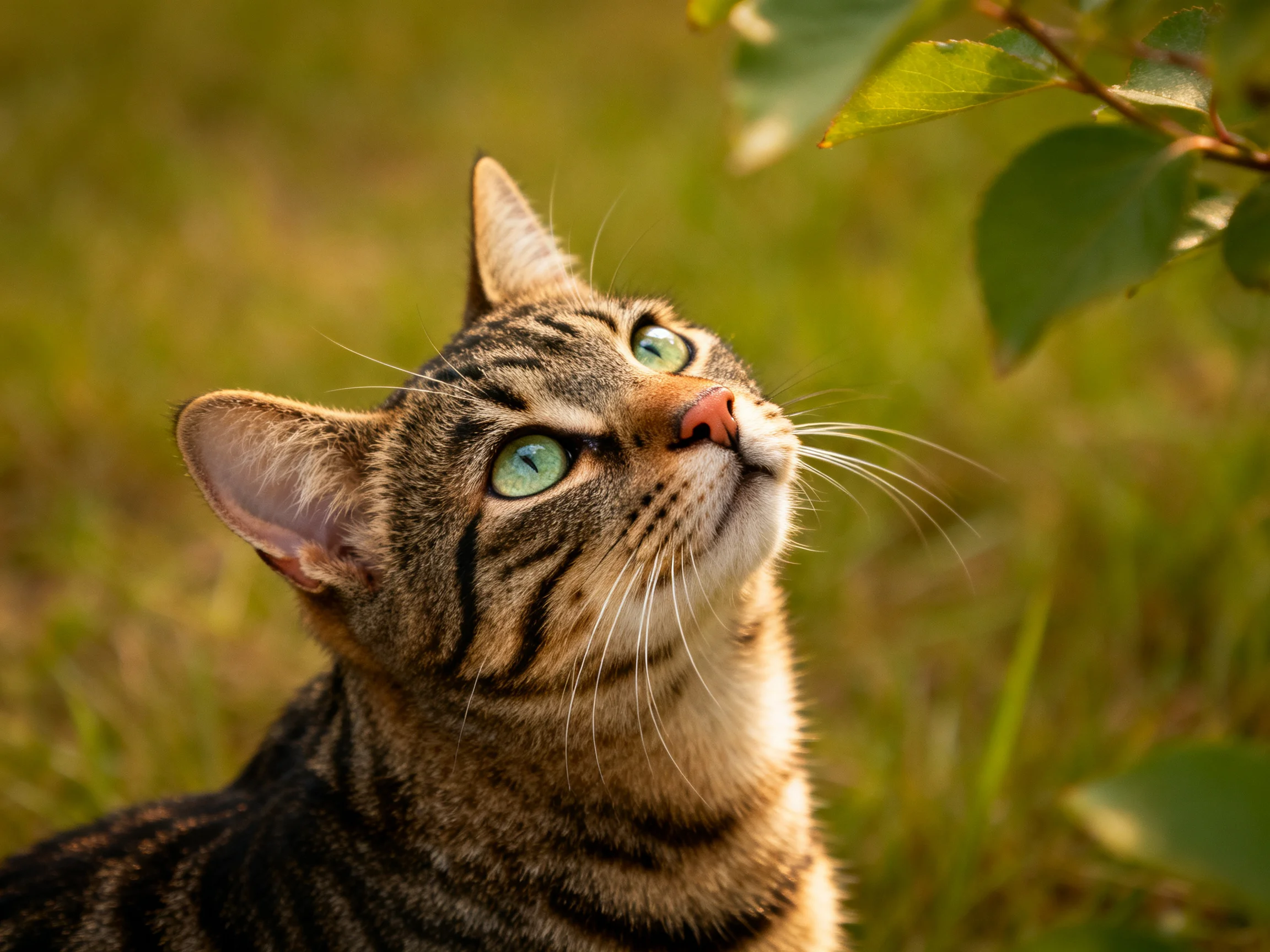 A curious tabby cat gazes upward toward green foliage in a sunlit meadow