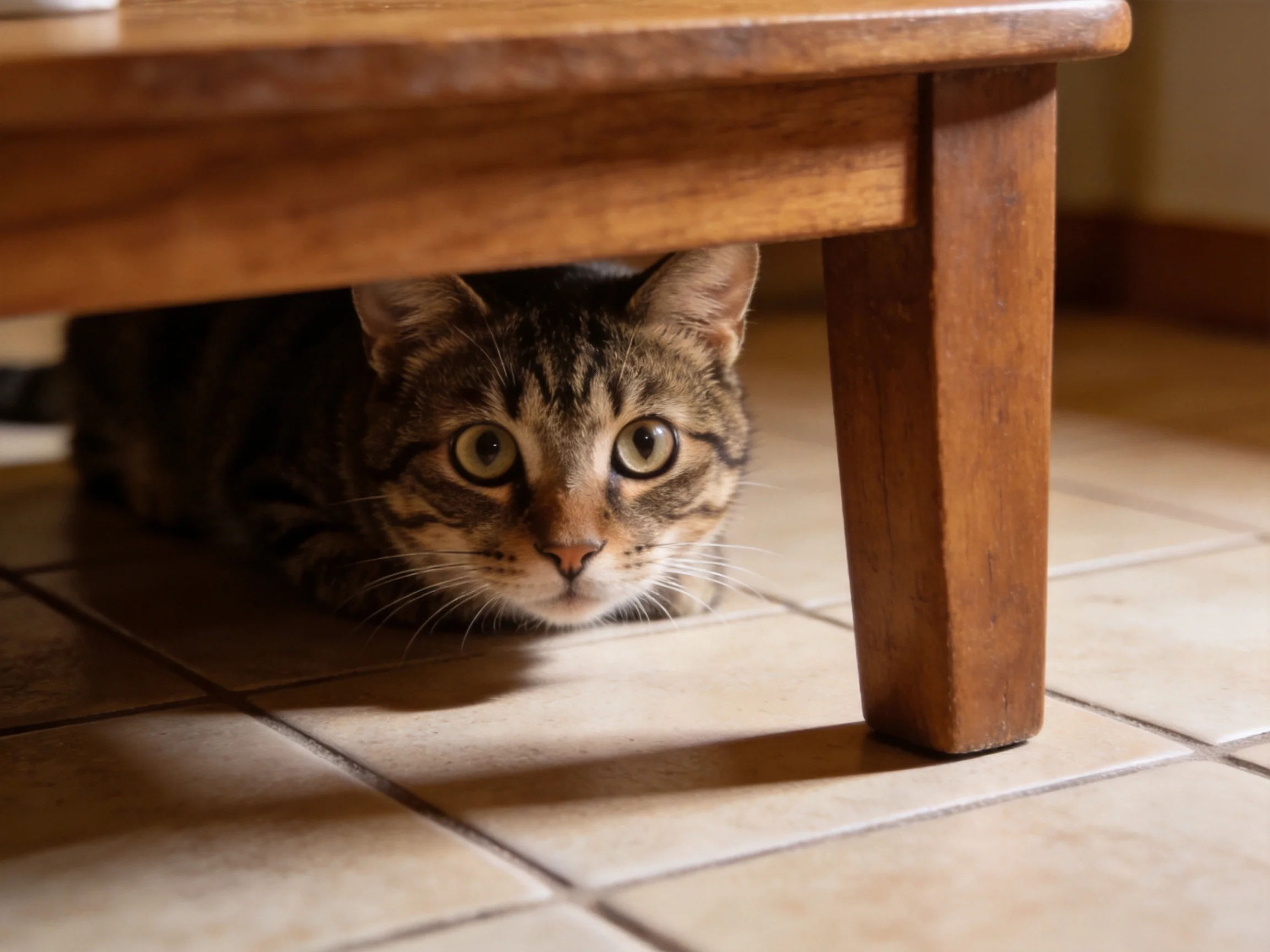 A curious tabby cat hides beneath a brown wooden table on tiled flooring