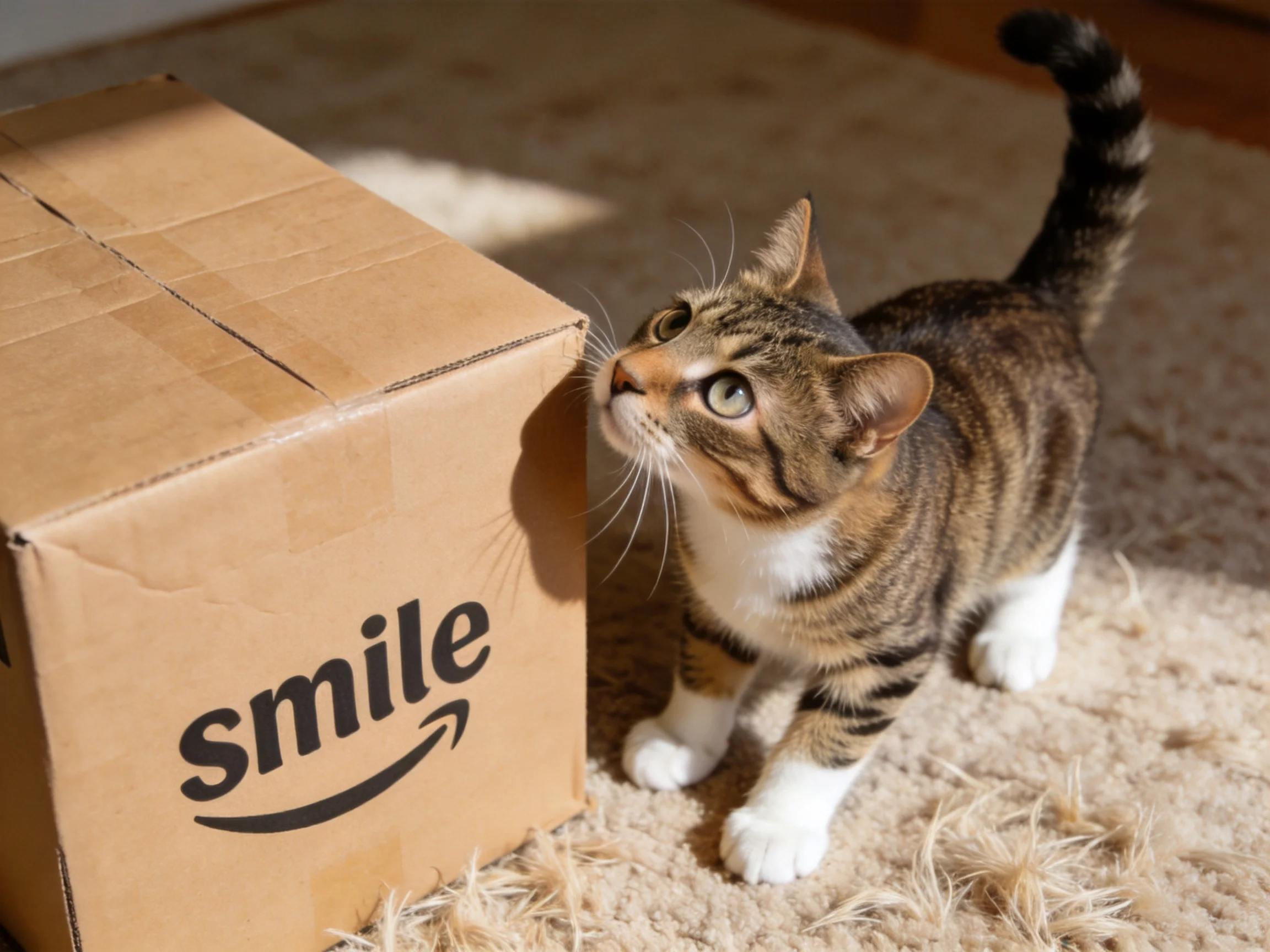 A curious tabby cat investigates an Amazon smile box on a beige carpet