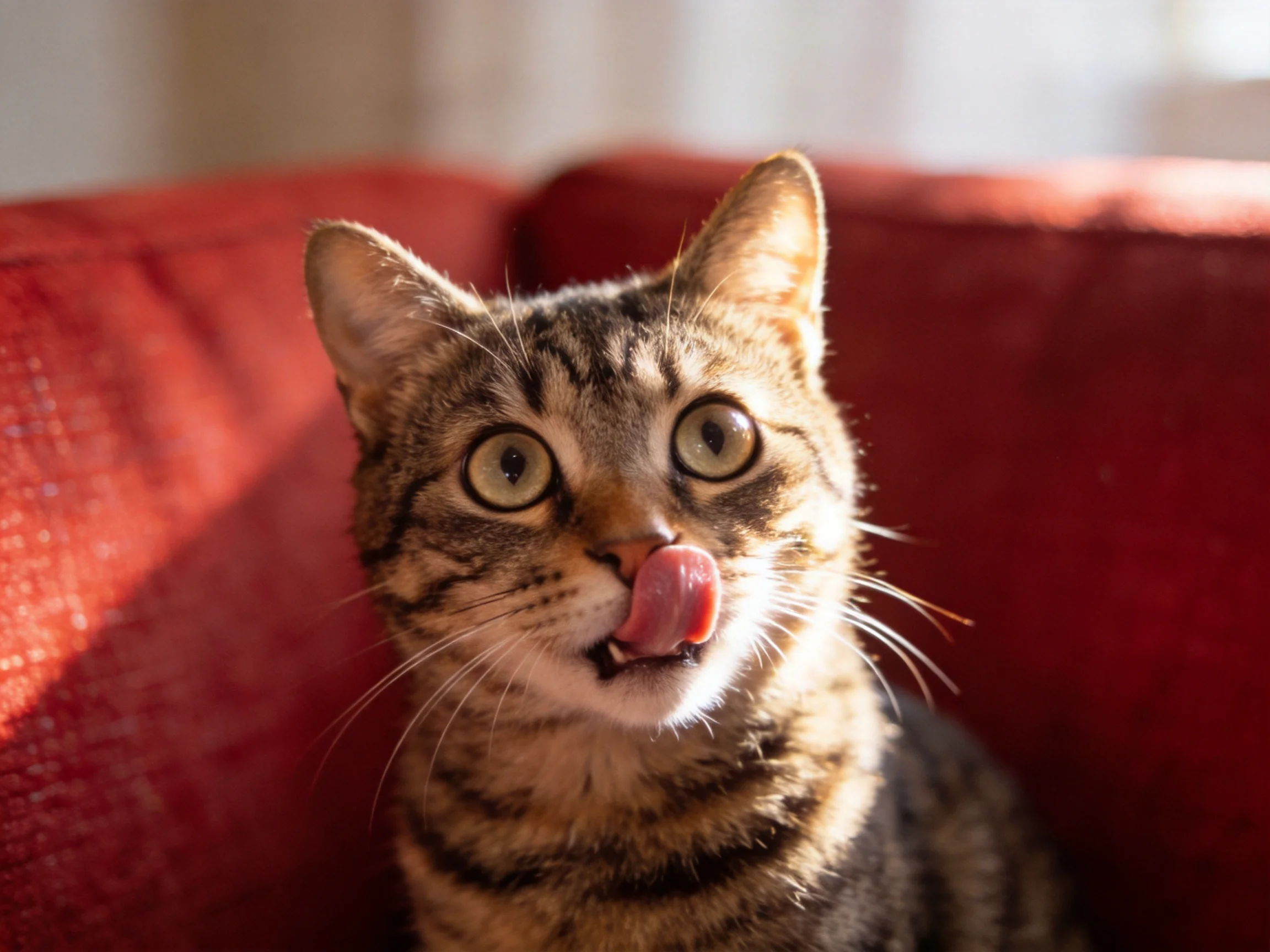 A curious tabby cat licks its lips on a plush red sofa