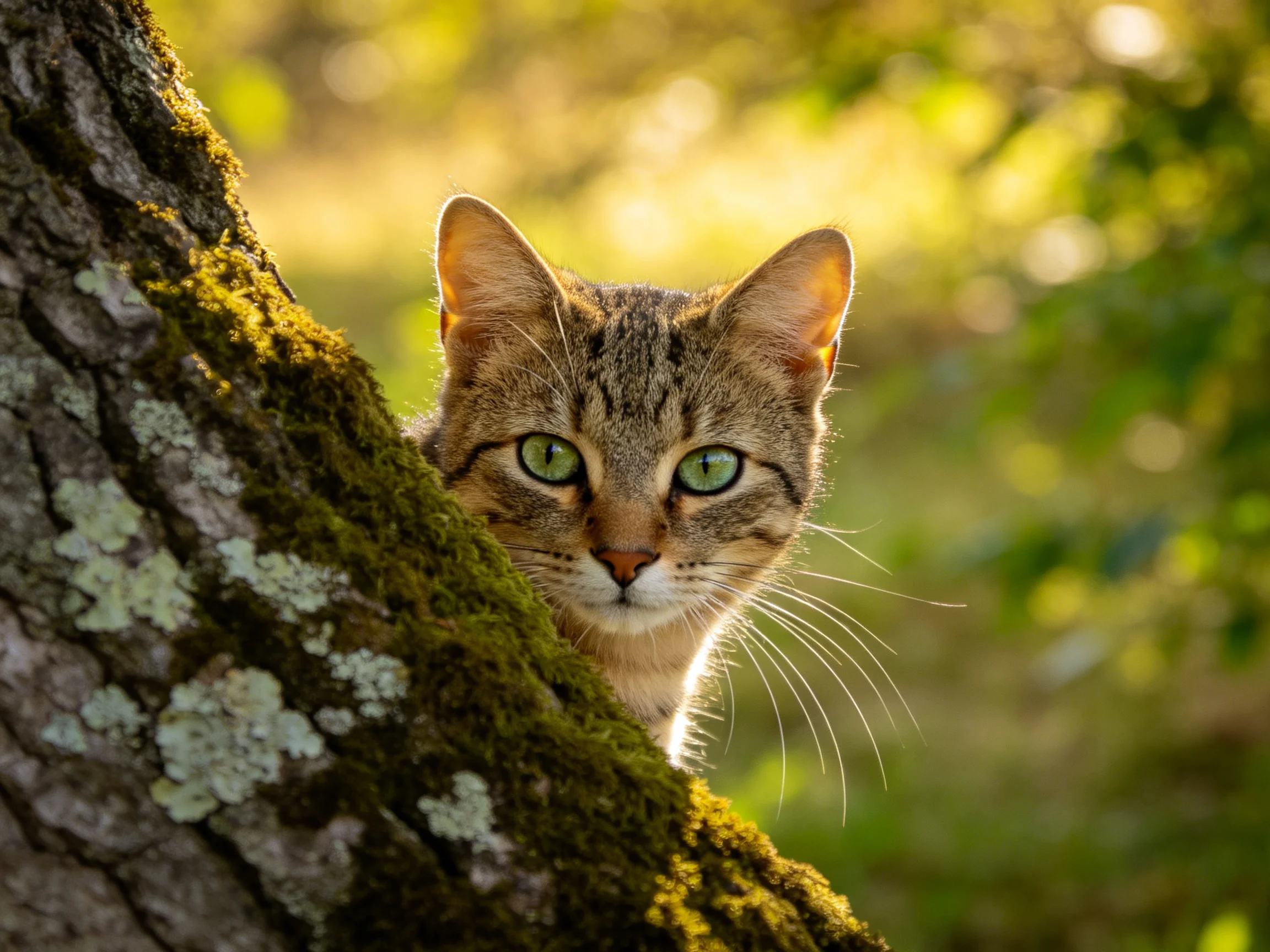A curious tabby cat peeks from behind a mossy tree trunk