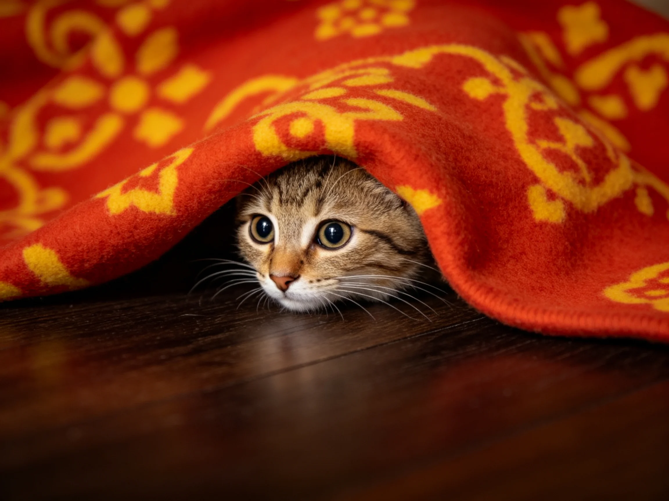 A curious tabby cat peeks out from beneath a vibrant red blanket with yellow patterns.