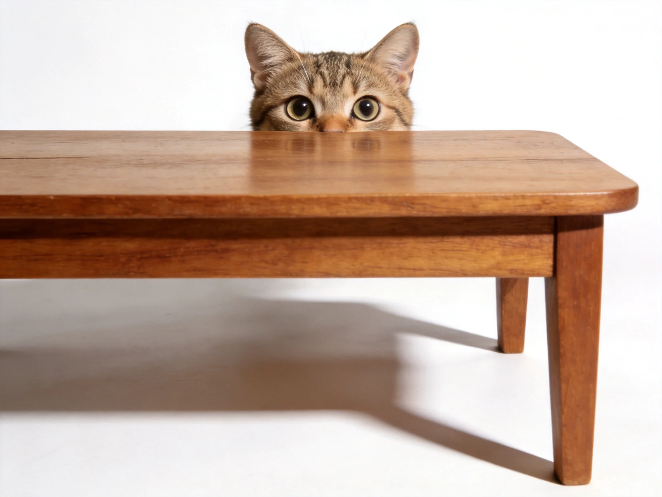 A curious tabby cat peeks over a wooden table in a bright setting.