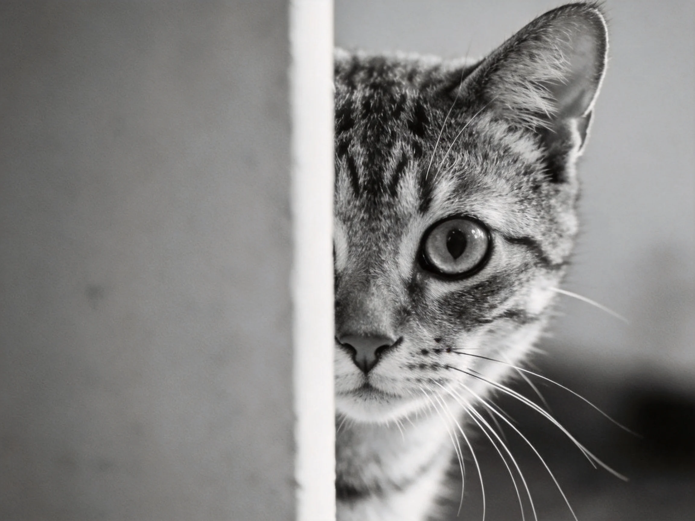 A curious tabby cat peeks from behind an object in a black and white photograph.