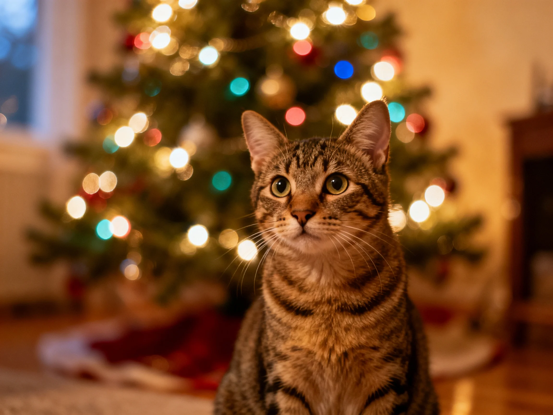 A tabby cat sits near a decorated Christmas tree with colorful lights.