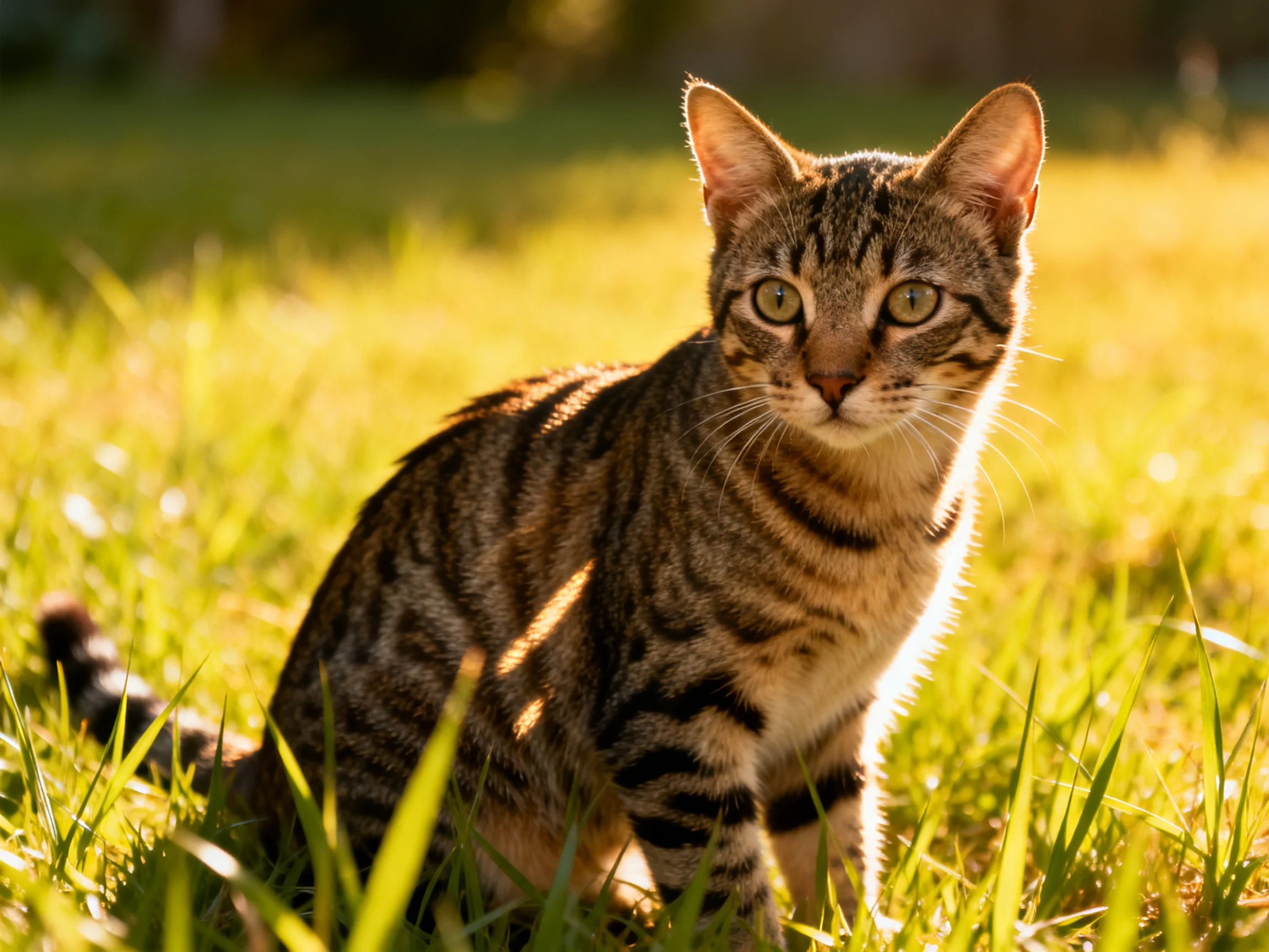 A curious tabby cat sits alertly among tall sunlit grass.