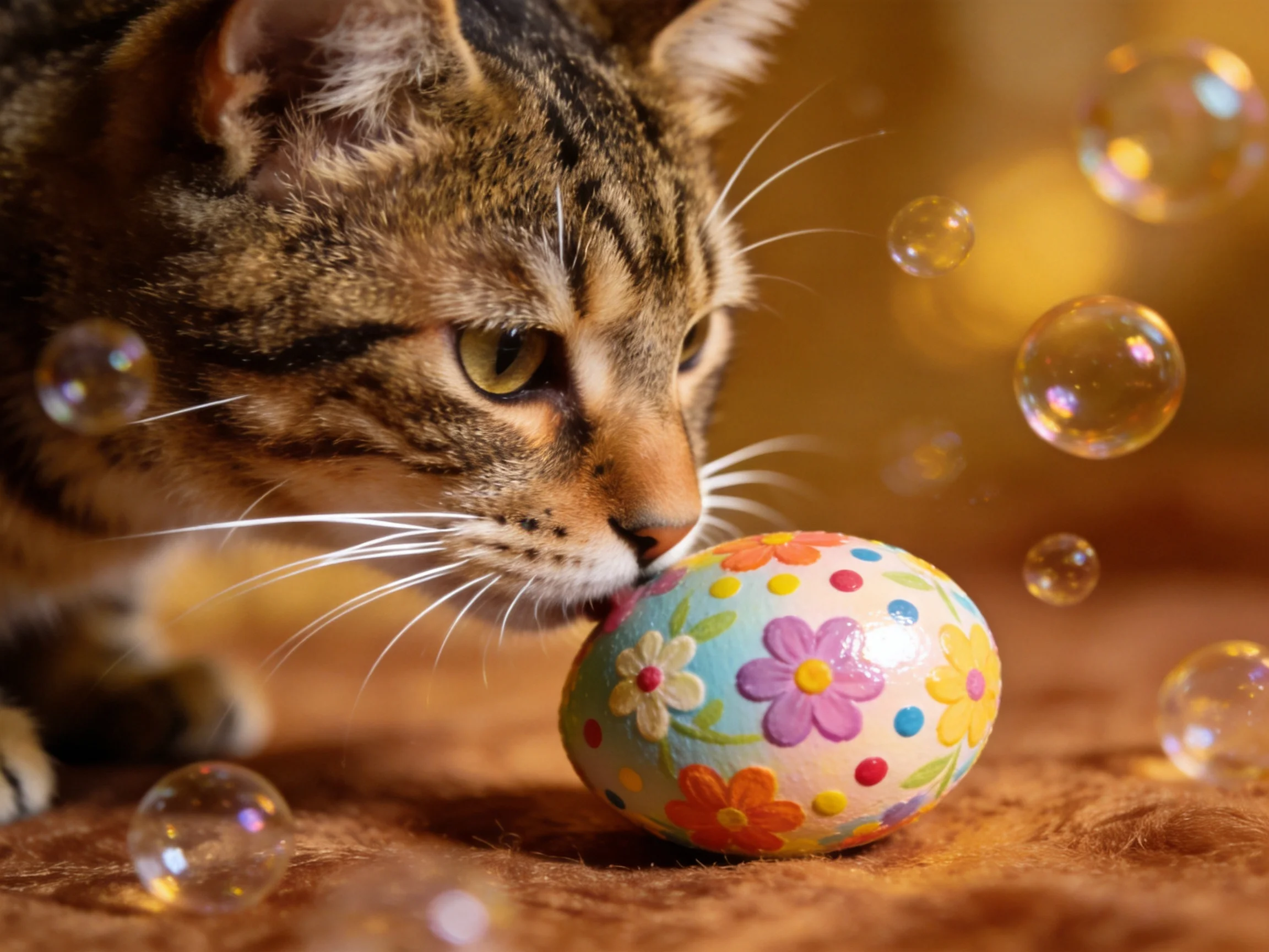 A curious tabby cat sniffs a flower - decorated Easter egg among floating bubbles