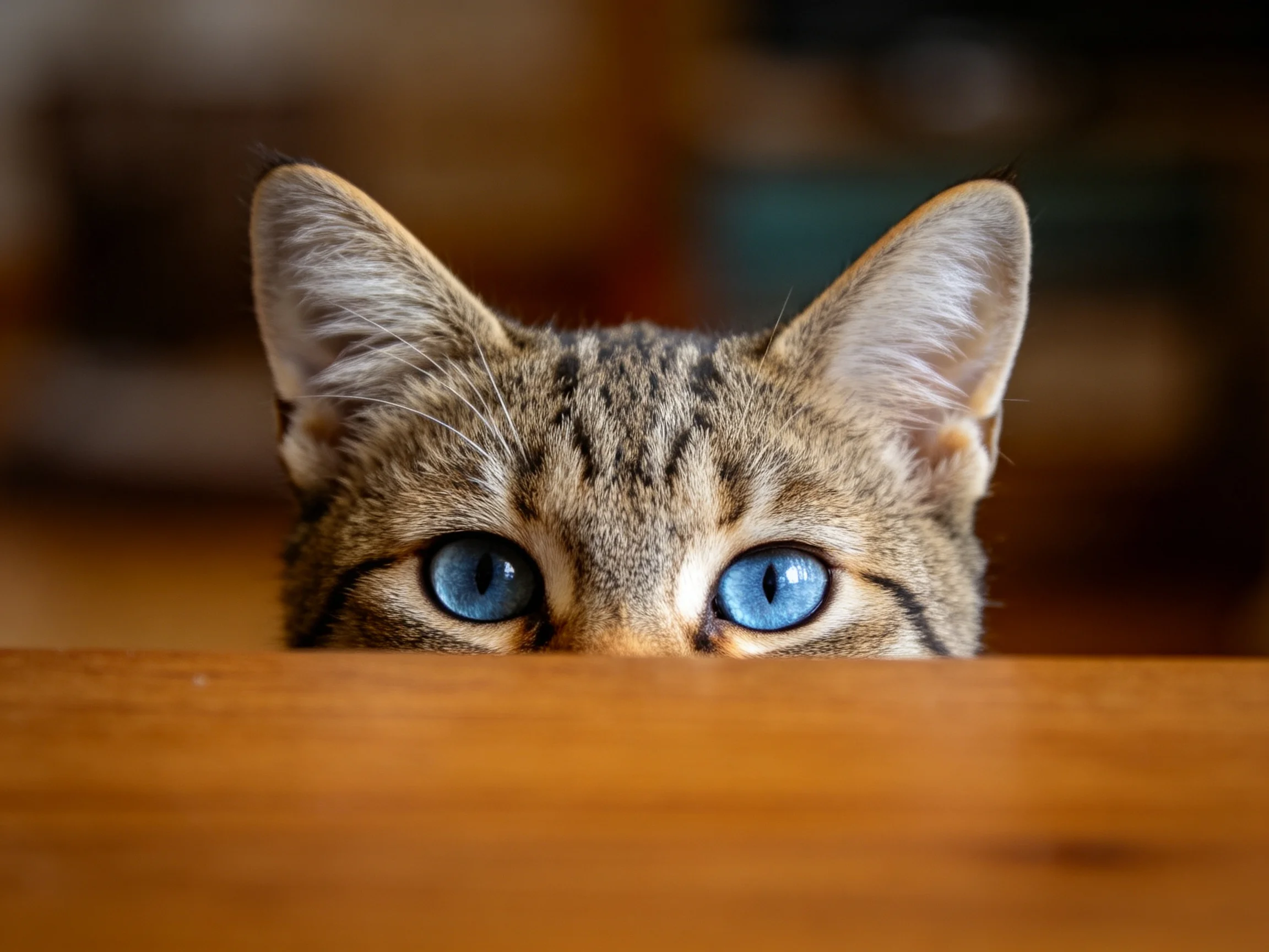 A curious tabby cat with bright blue eyes peeks over a wooden surface
