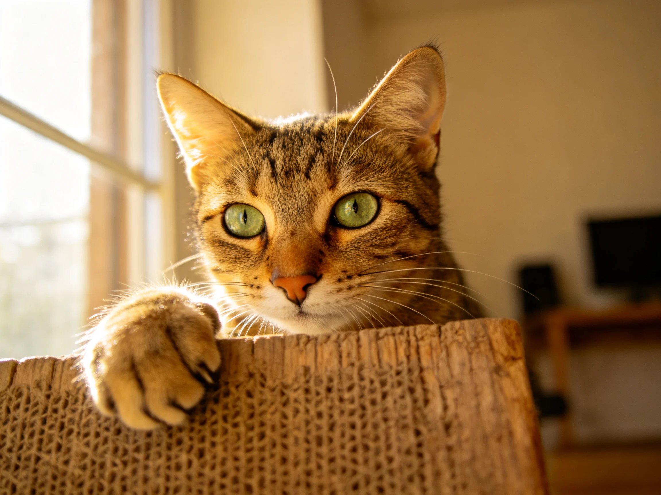A curious tabby cat peeks over a cardboard scratching post near a sunlit window.