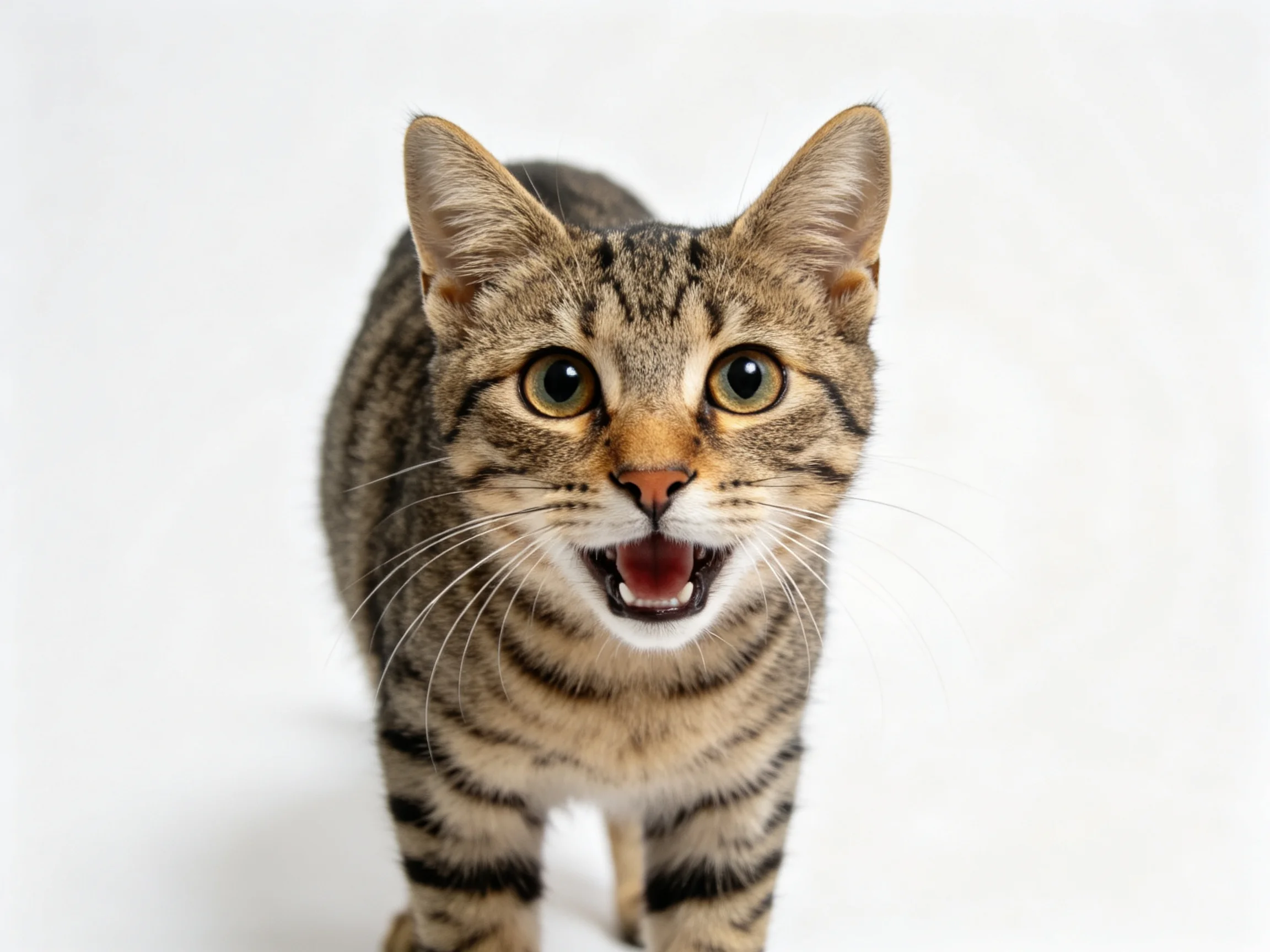 A curious tabby cat with wide eyes stands against a plain white backdrop.