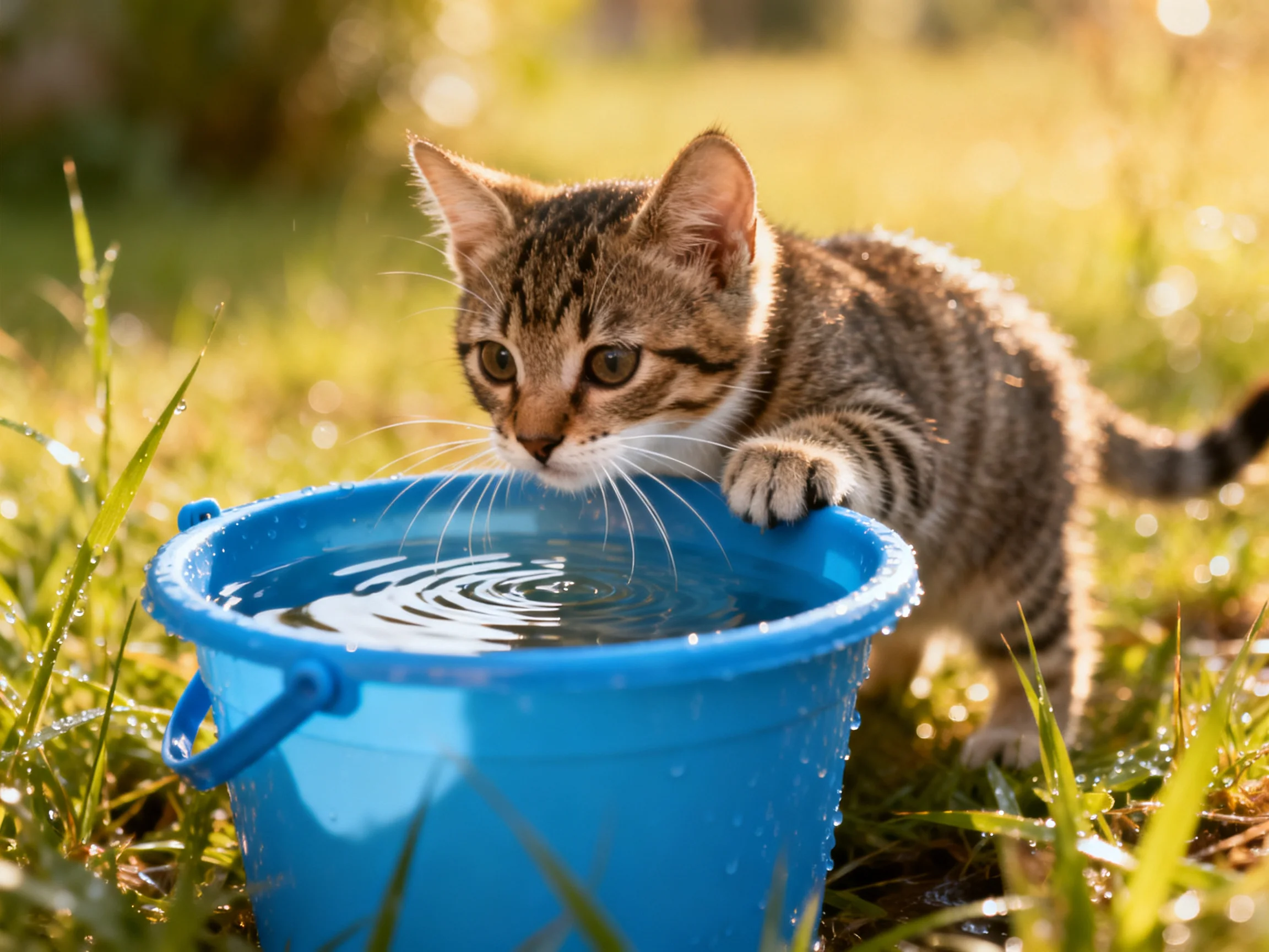 A curious tabby kitten drinks from a bright blue bucket in sunlit grass