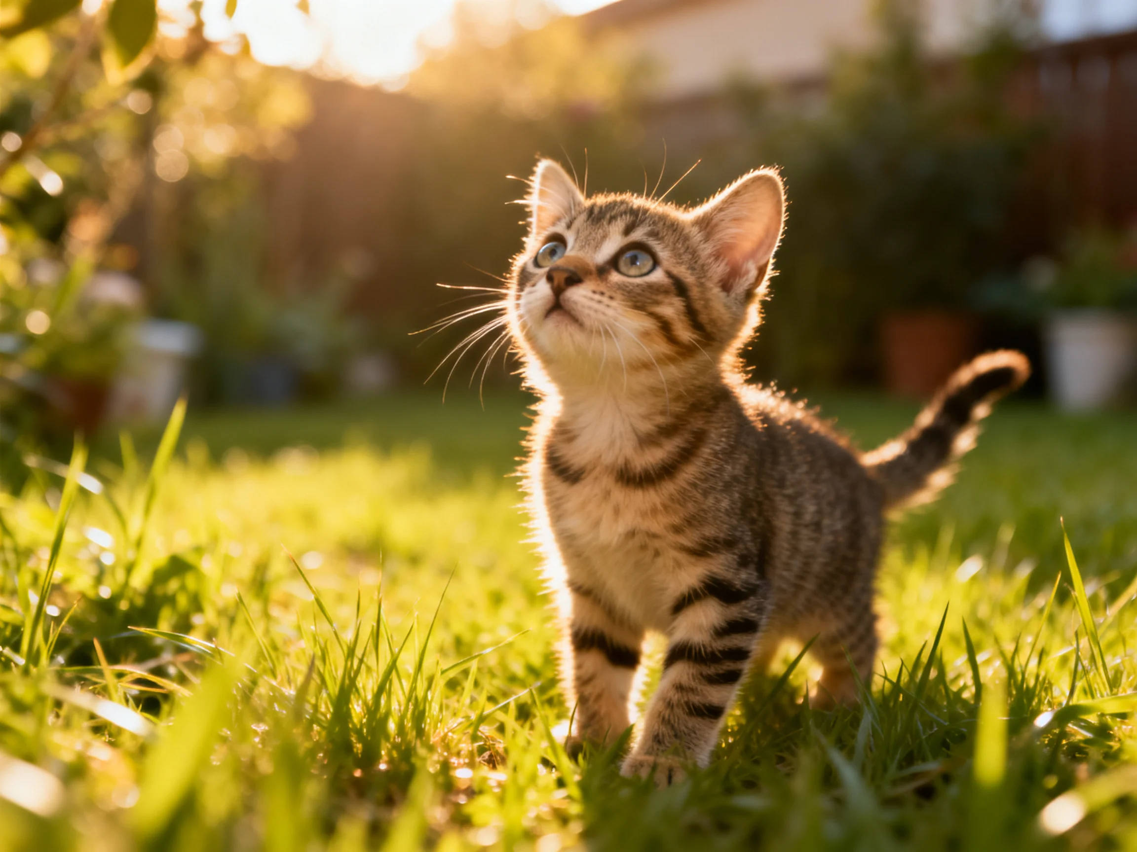 A curious tabby kitten gazes upward in a sunlit grassy yard
