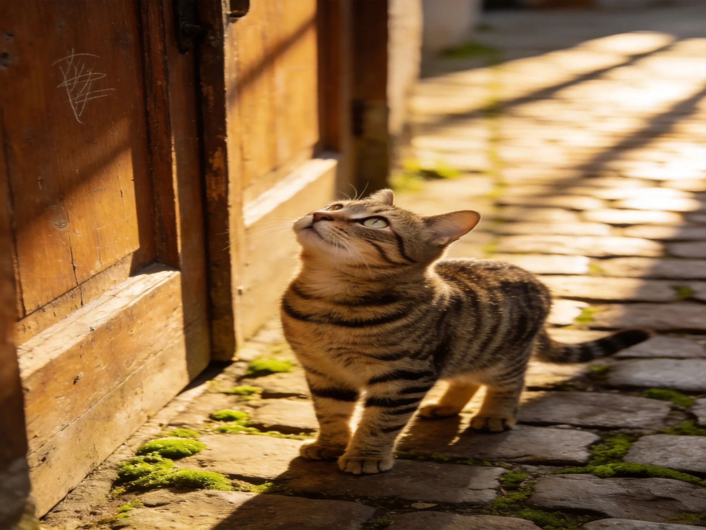 A curious tabby kitten stands on a sunlit cobblestone path beside an old wooden structure