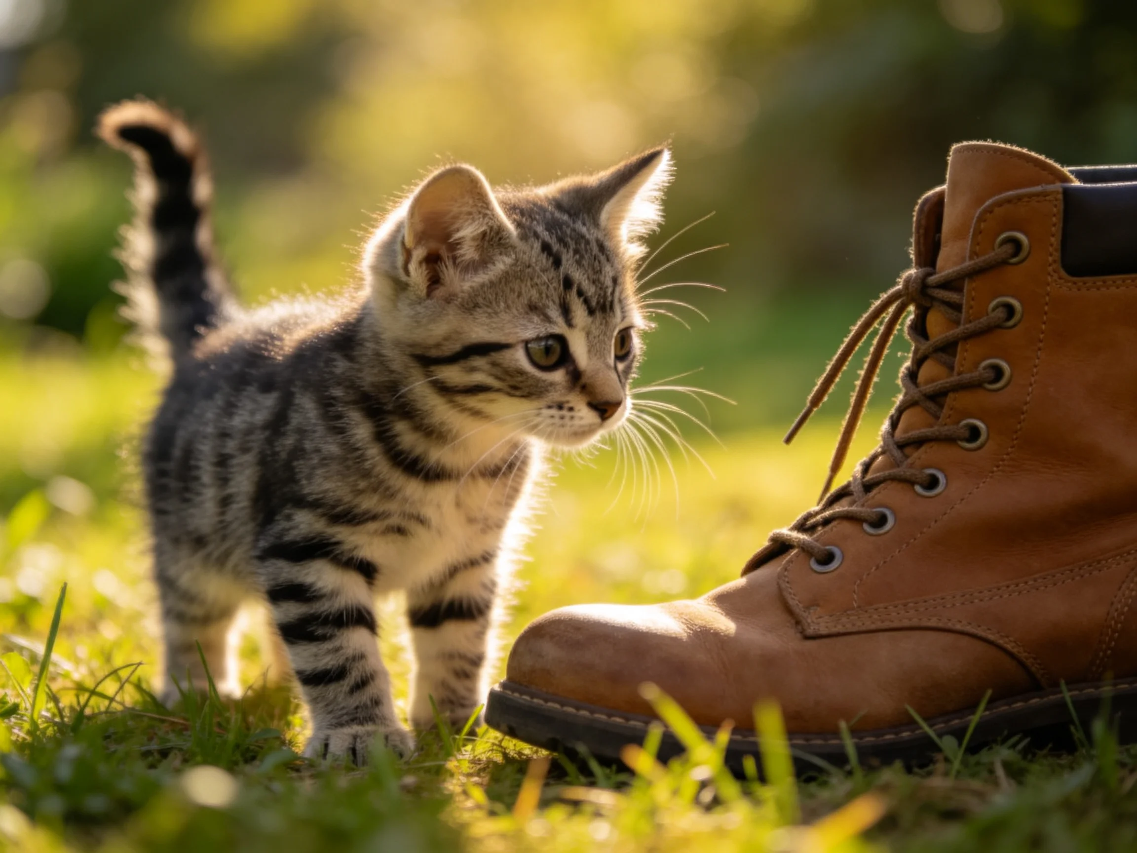 A curious tabby kitten explores near a large brown boot on sunlit grass