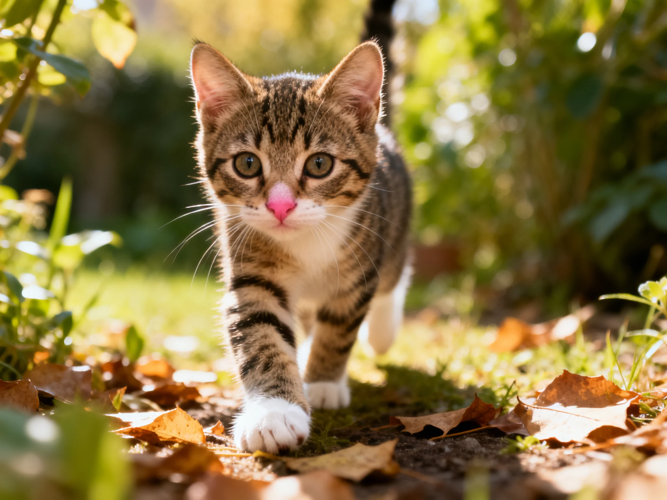 A curious tabby kitten explores a sunlit garden with fallen leaves.