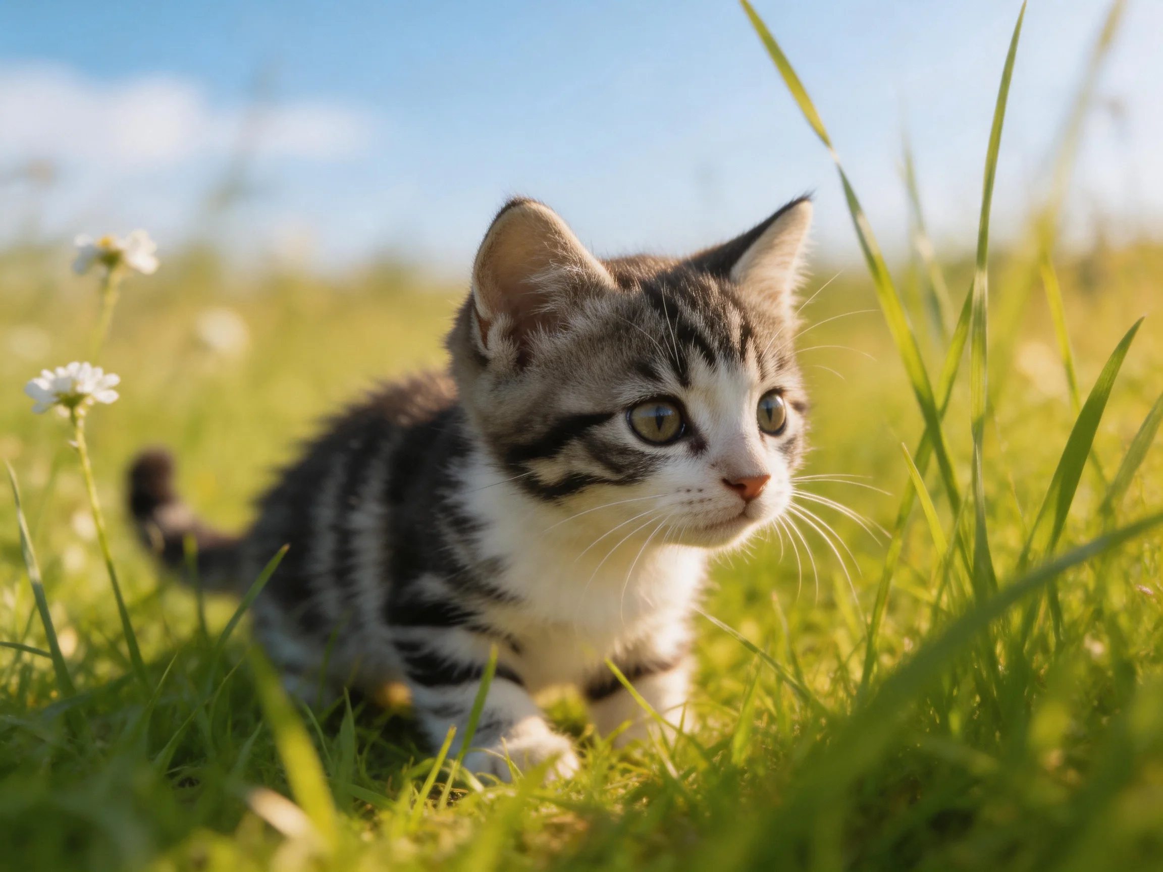 A curious tabby kitten exploring a sunlit meadow of tall green grass