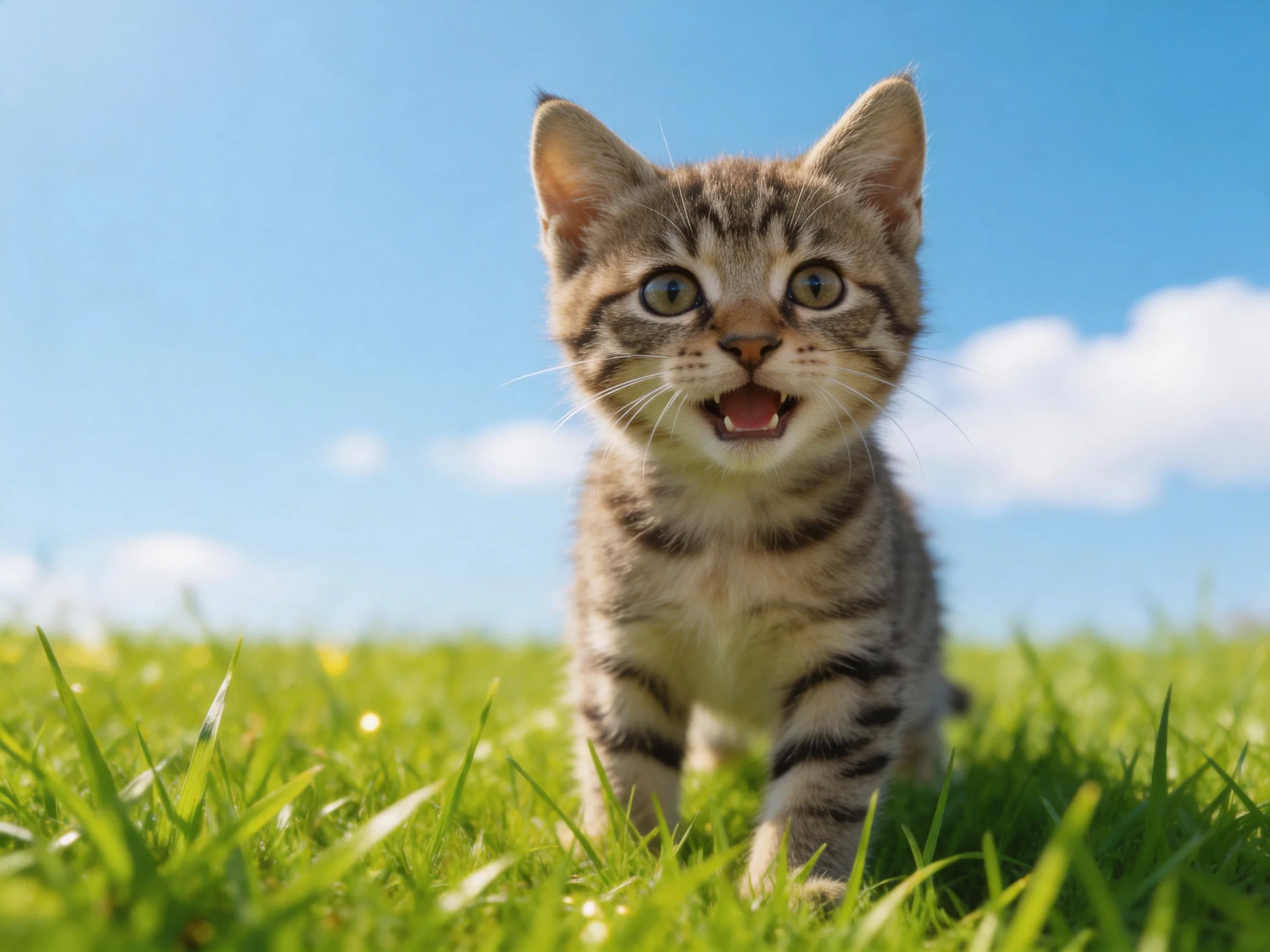A curious tabby kitten exploring lush green grass beneath a clear blue sky