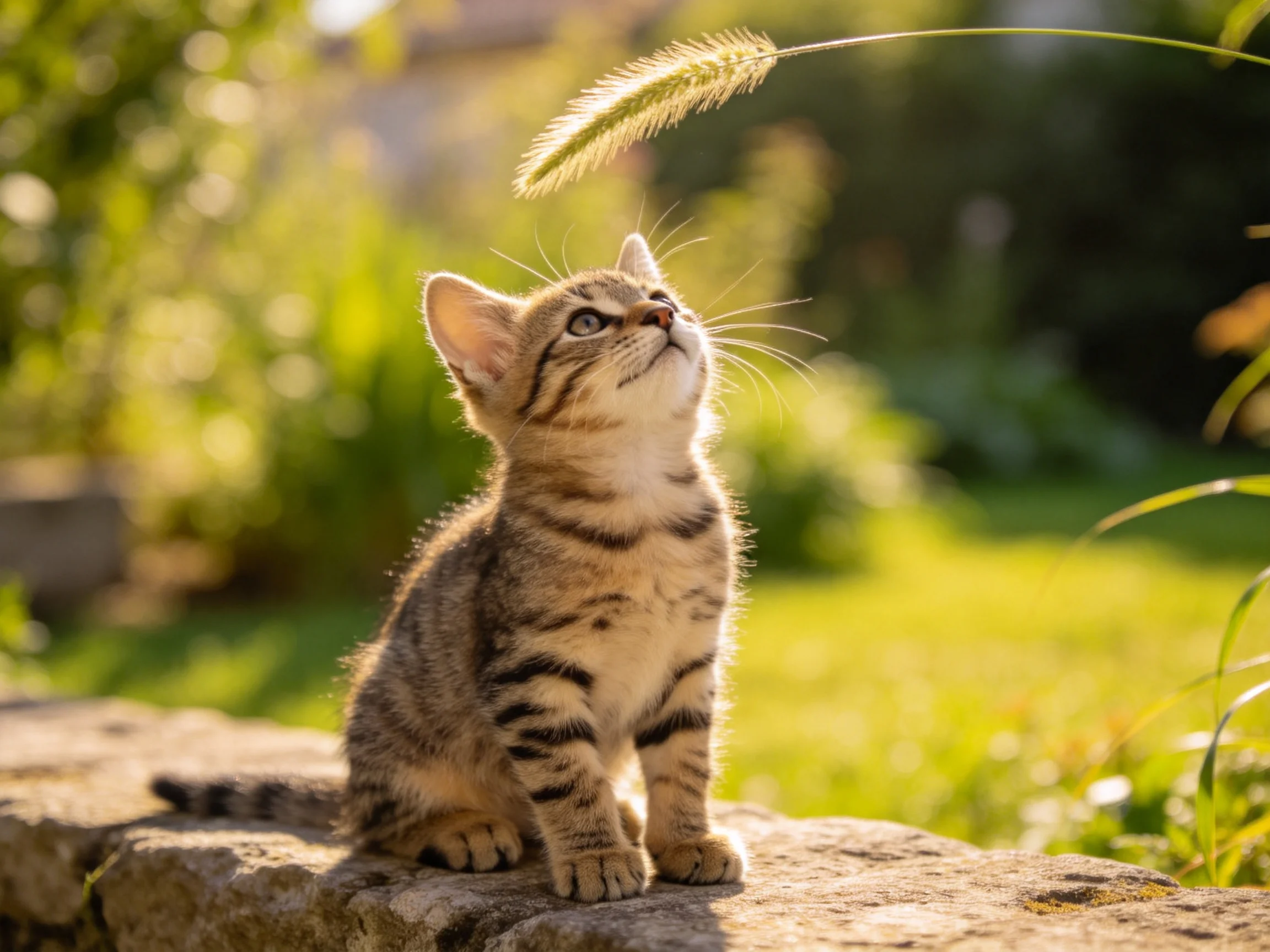 A young tabby kitten looks up at a tall grass blade in a sunlit garden setting.