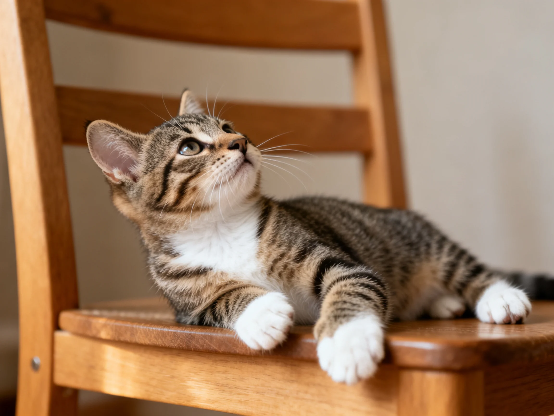 A curious tabby kitten relaxes on a wooden chair indoors
