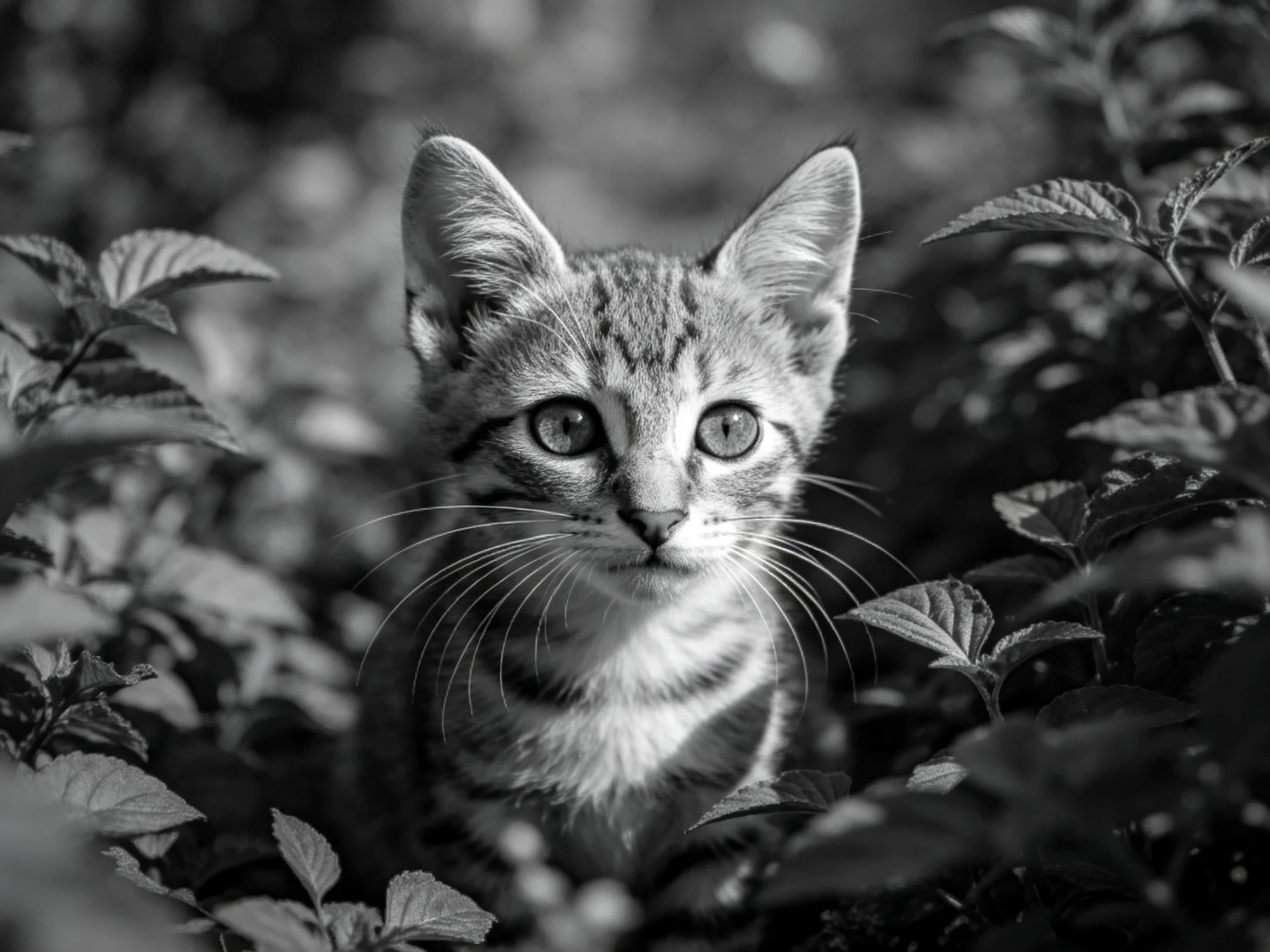 A curious tabby kitten nestled among dense foliage in monochrome