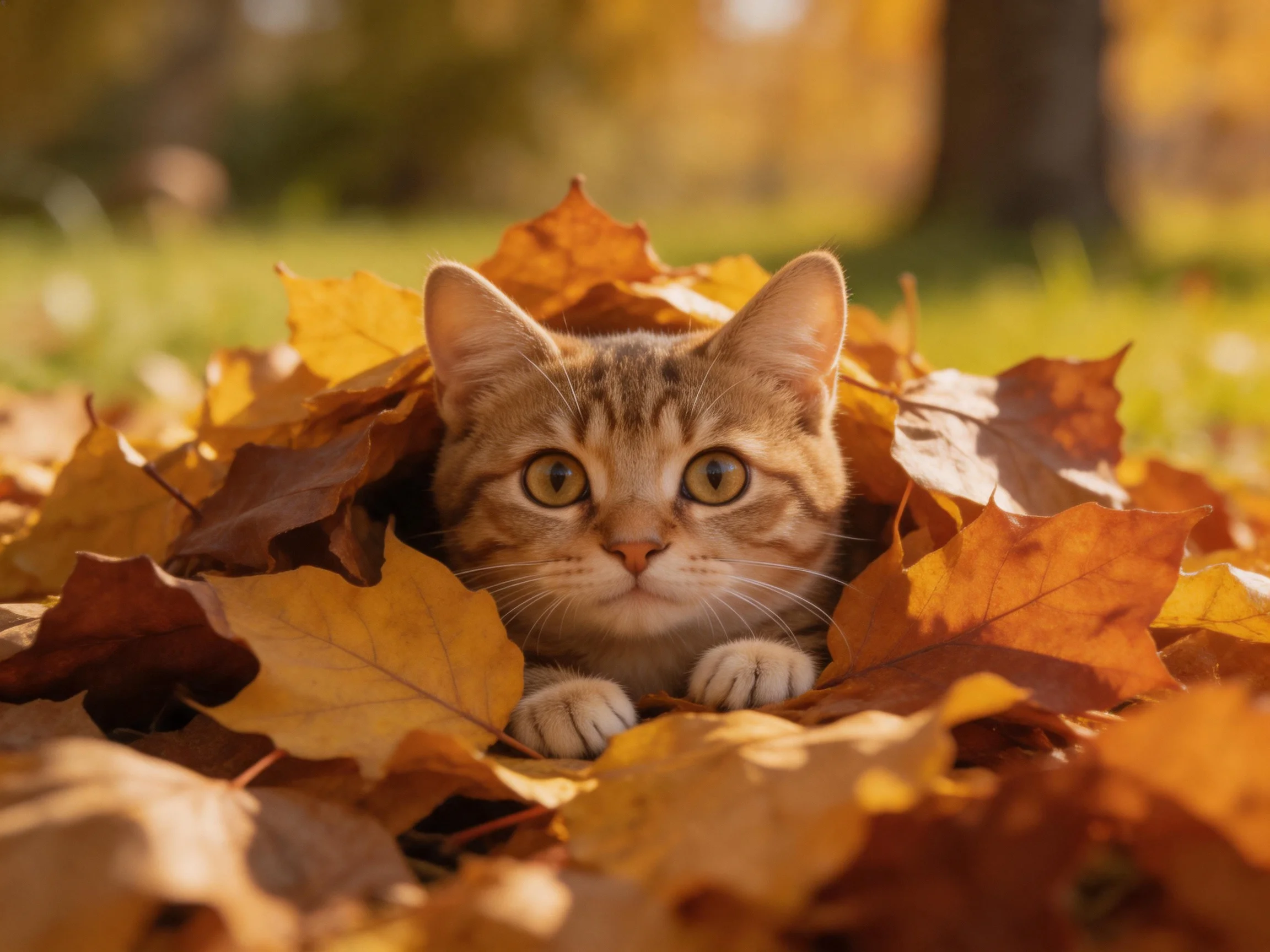 A curious tabby kitten peeks from golden-brown fallen leaves in an outdoor autumn setting.