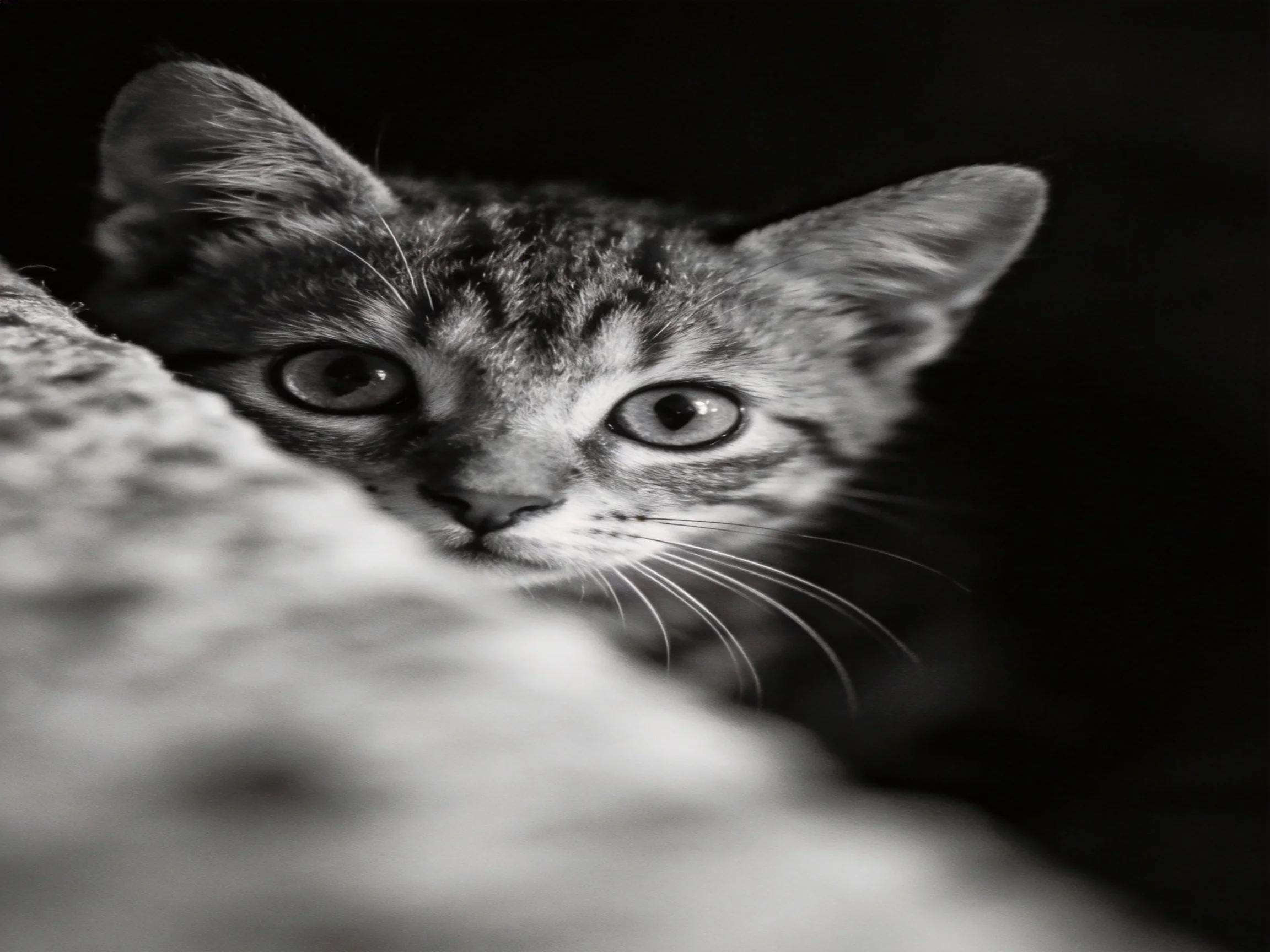 A curious tabby kitten peeks from behind a textured fabric in monochrome