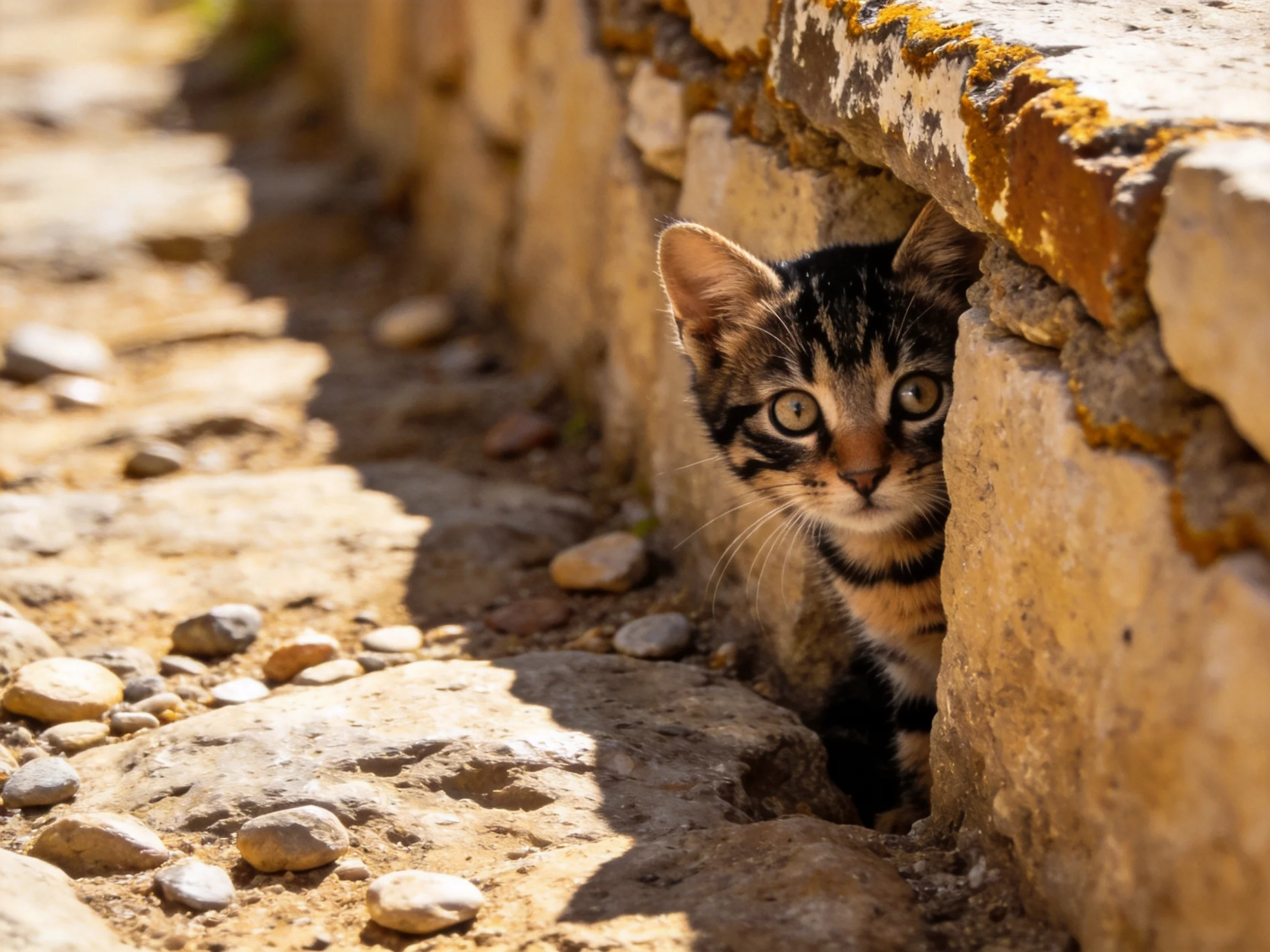 A curious tabby kitten peeks from behind an aged stone wall