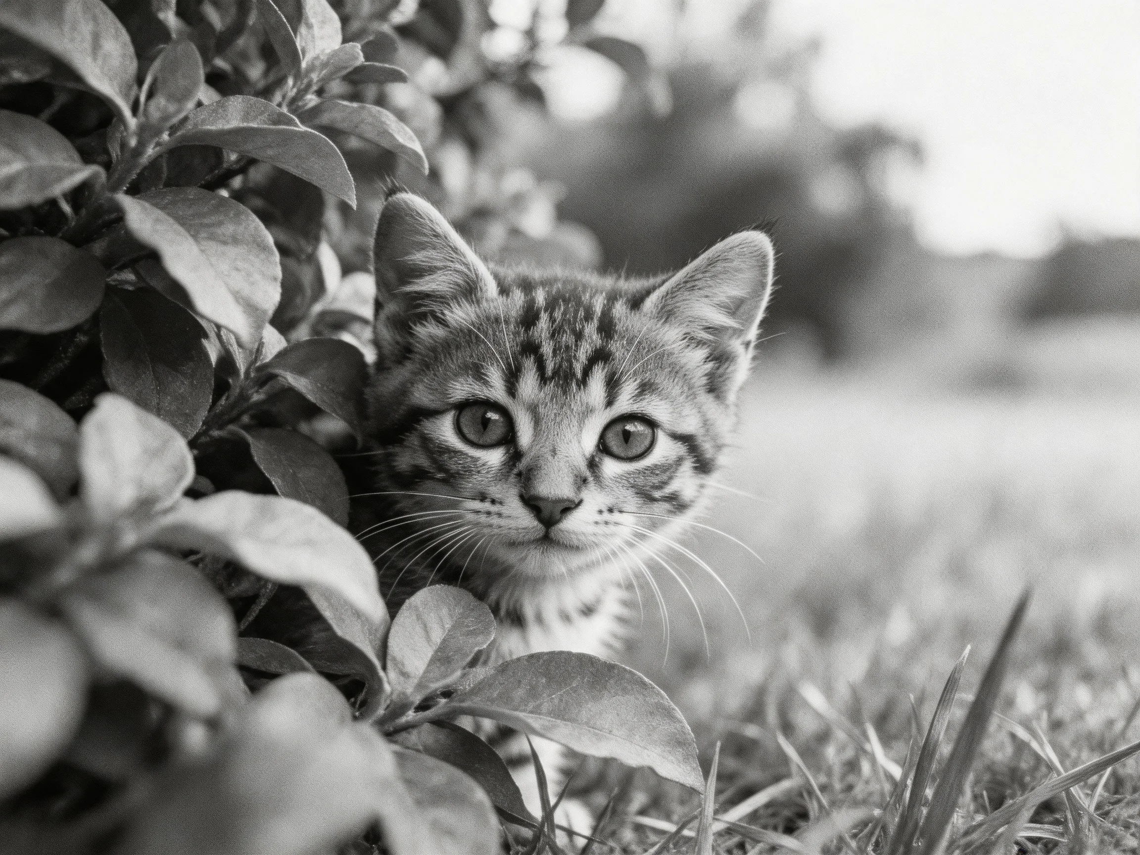 A curious tabby kitten peeks from foliage in a monochrome garden scene.