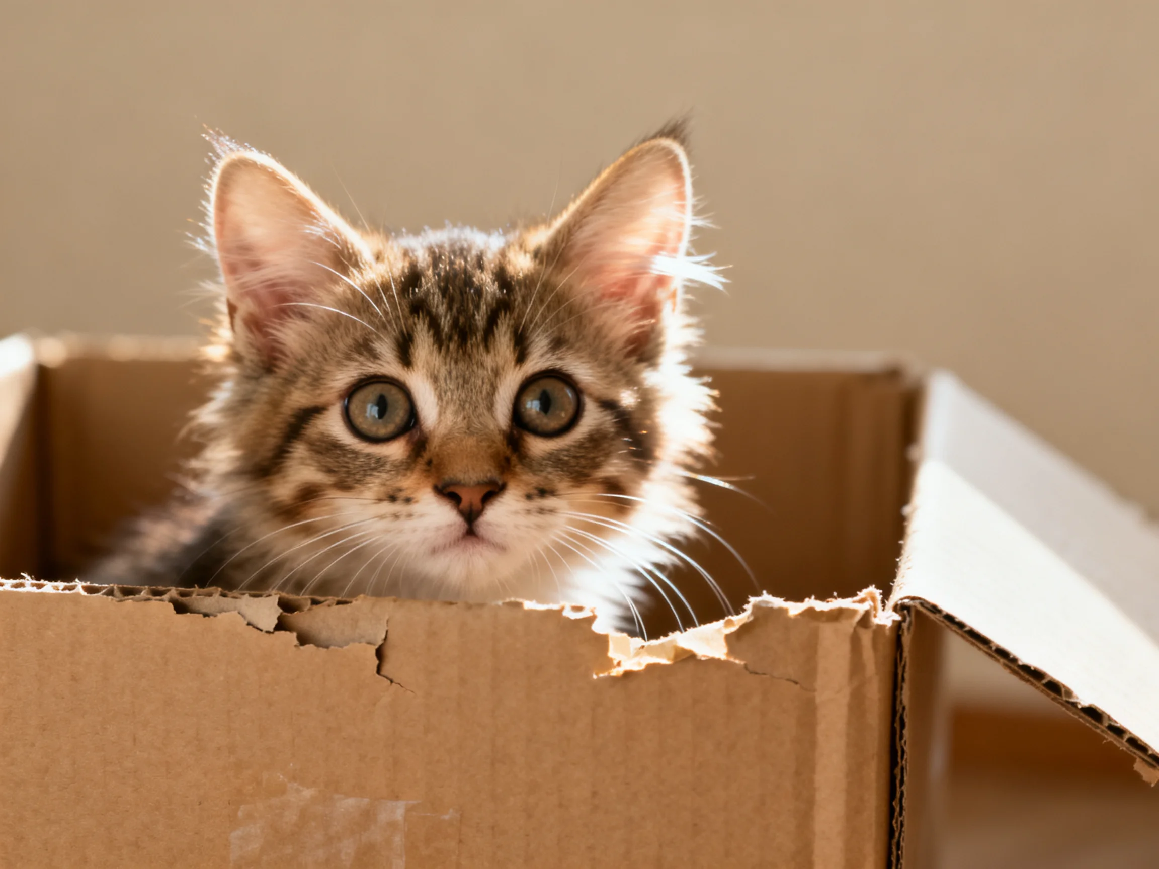 A curious tabby kitten peeks from inside an open brown cardboard box
