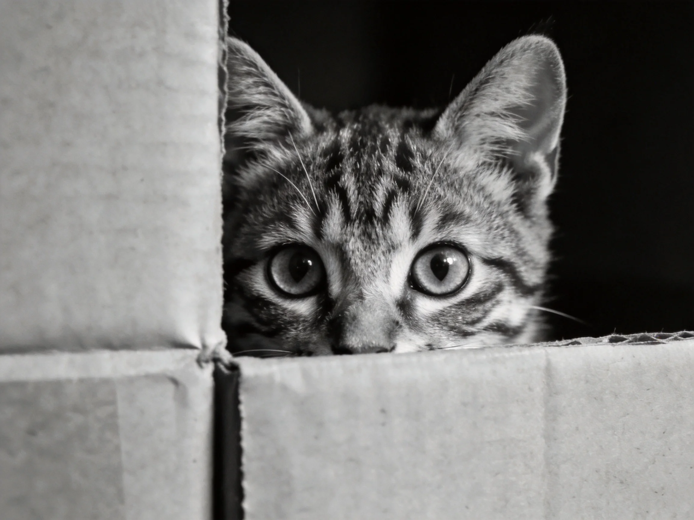 A curious tabby kitten peeks out from inside an open cardboard box.