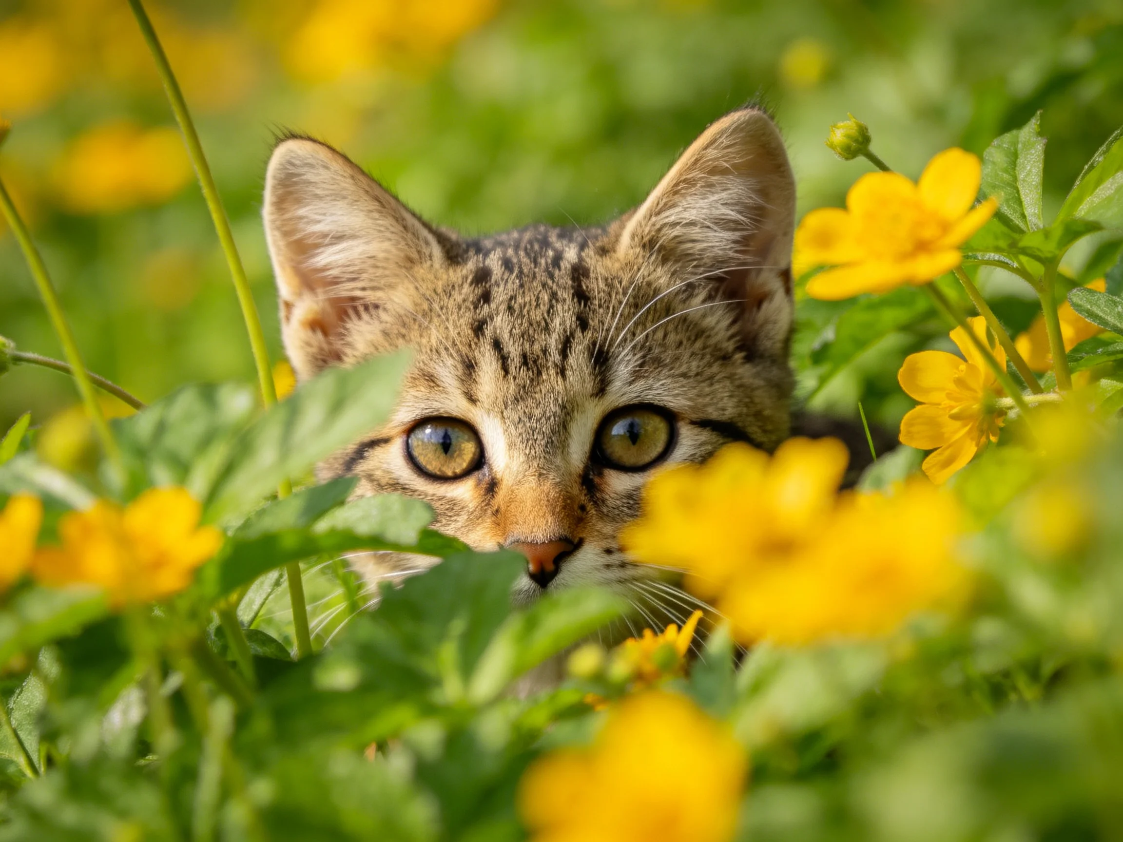 A curious tabby kitten peeks from yellow flowers and greenery.