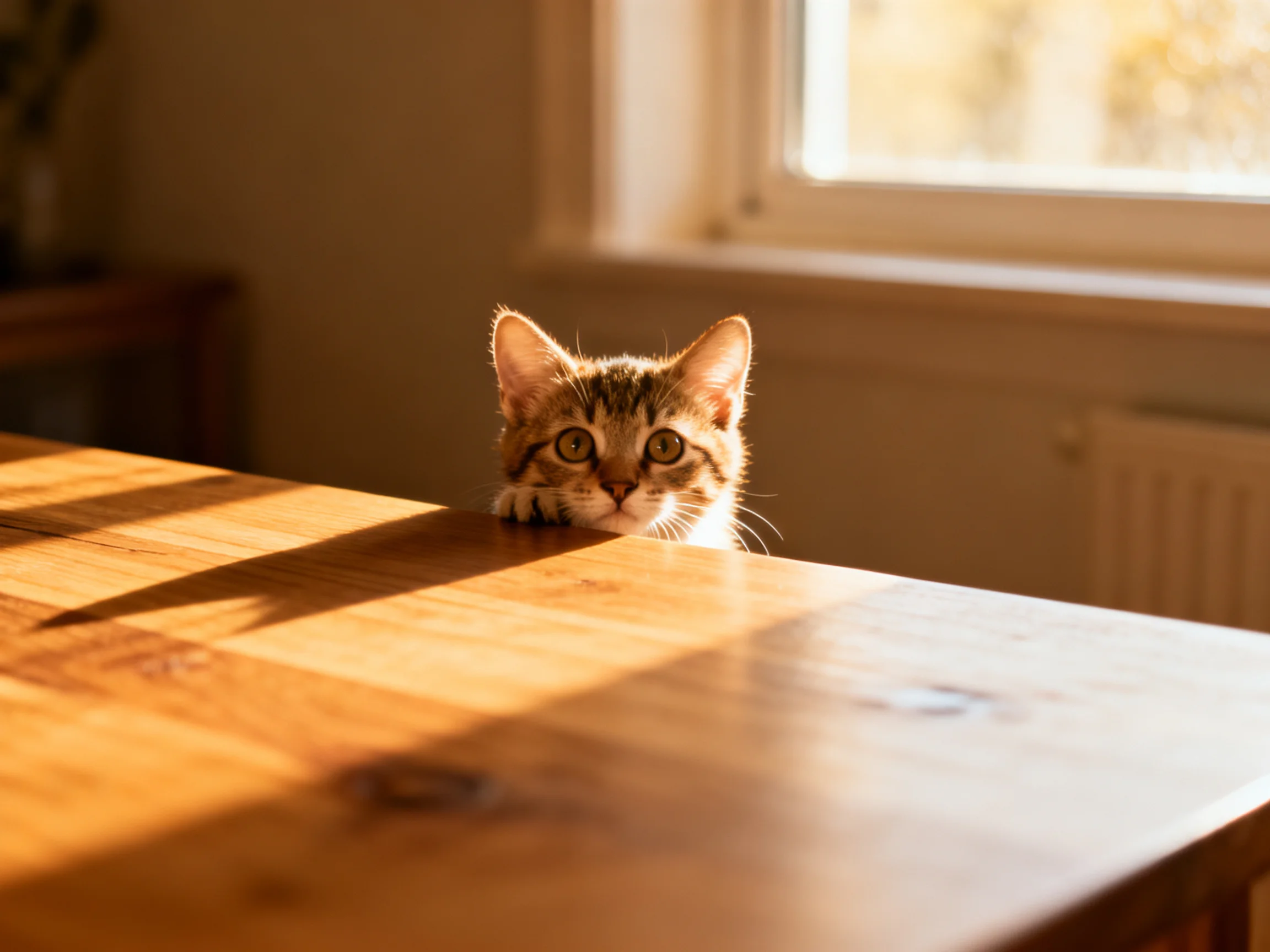 A curious tabby kitten peeks over a wooden table in a sunlit room