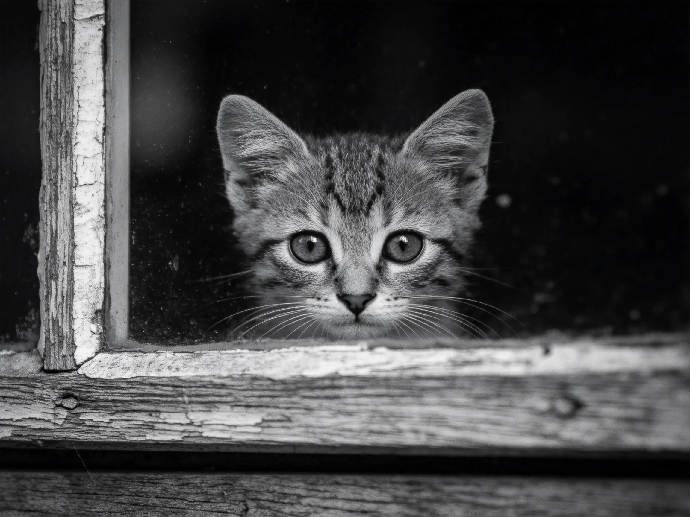 A curious tabby kitten peers through an aged wooden window
