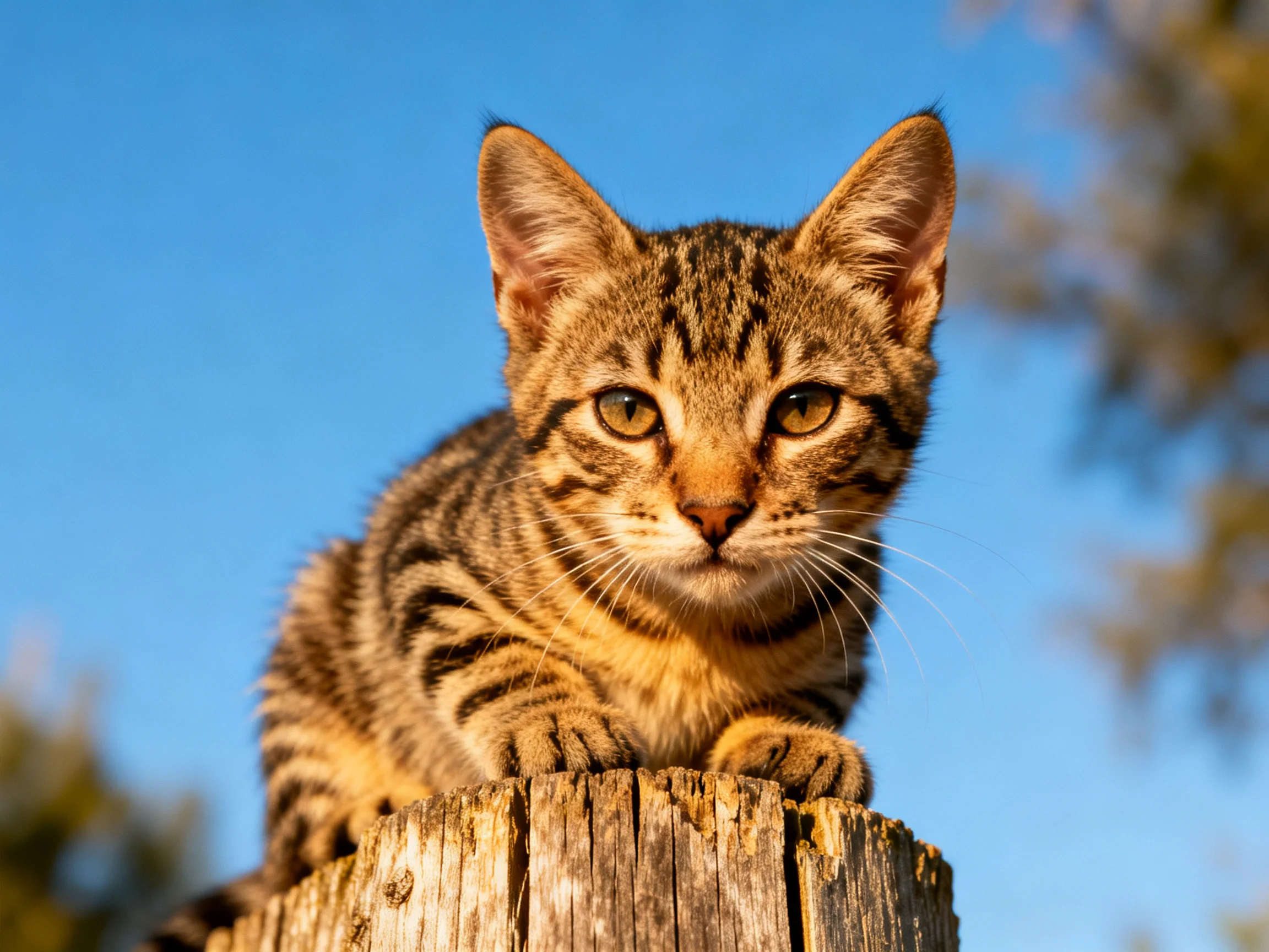 A curious tabby kitten sits atop a weathered wooden post under a clear blue sky.
