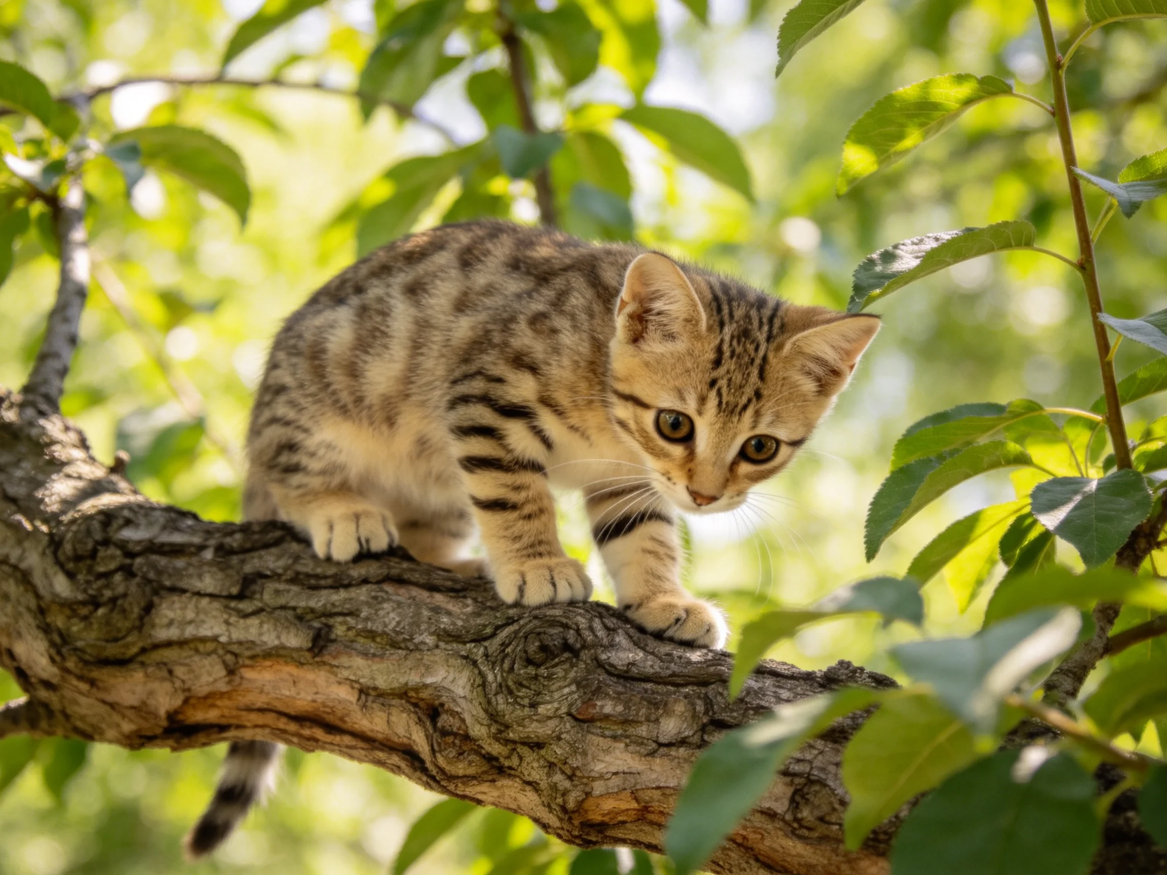 A curious tabby kitten explores a gnarled tree branch surrounded by green leaves.