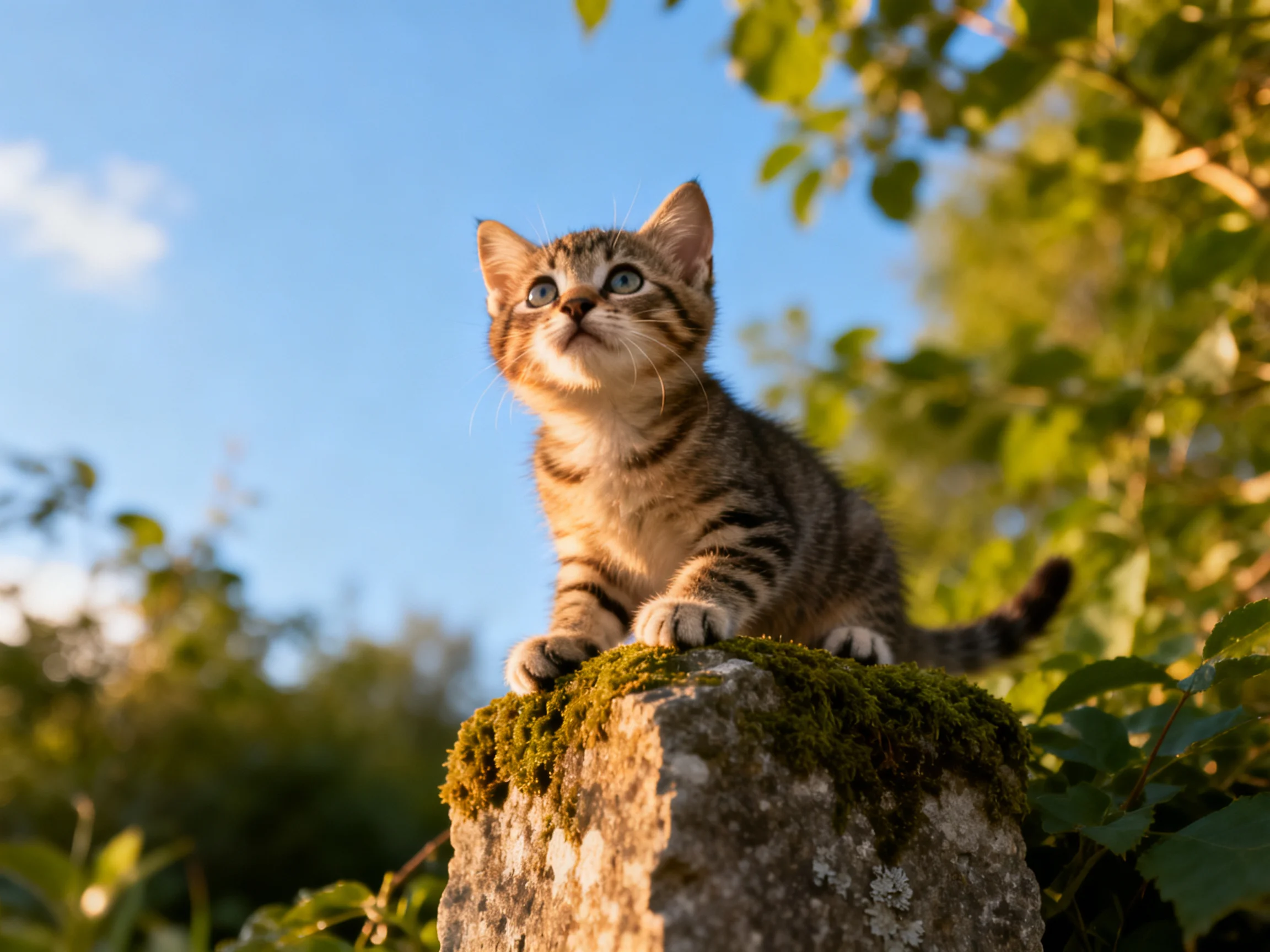 A curious tabby kitten sits on a mossy stone post in a sunlit outdoor area.
