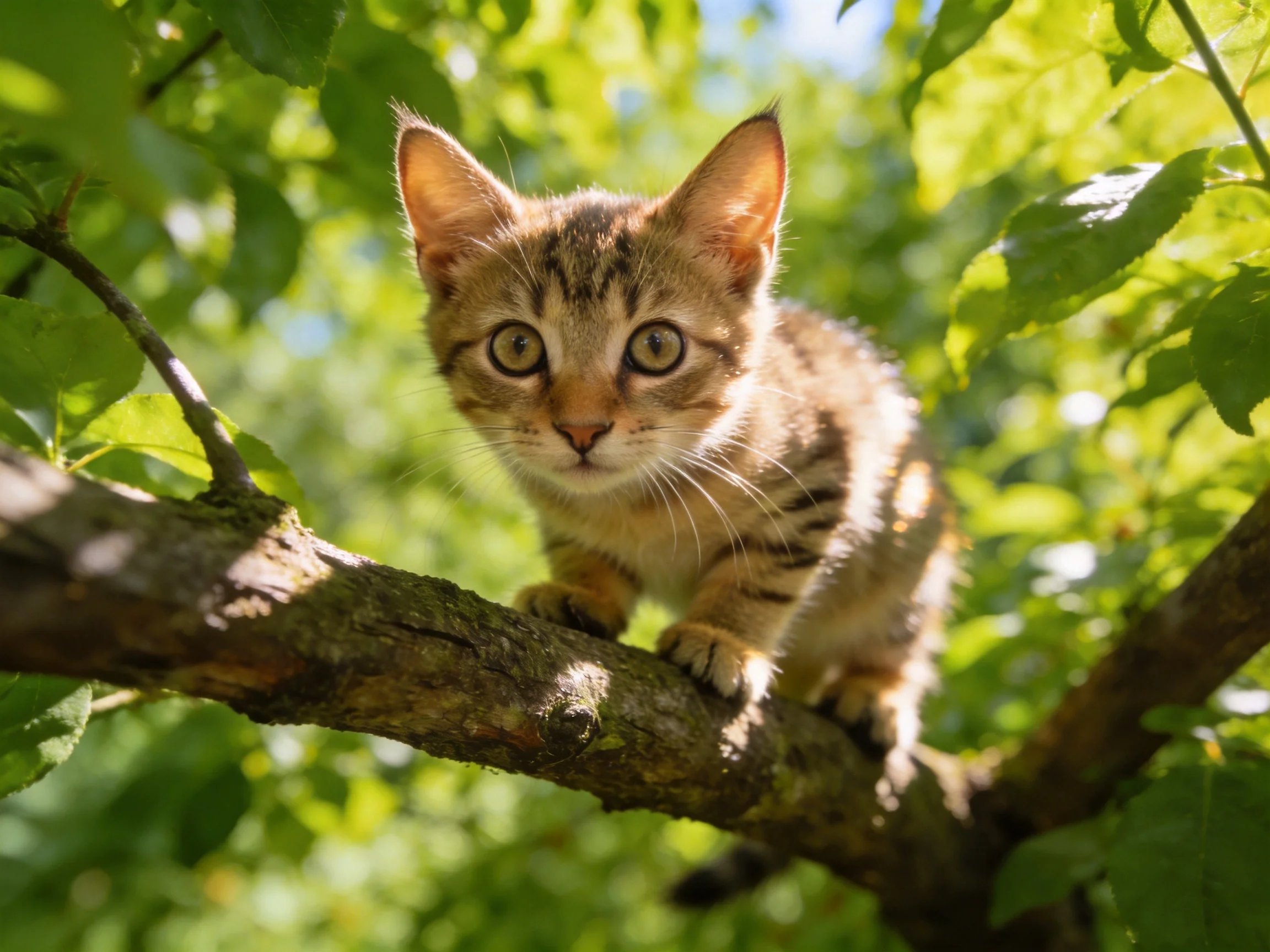 A curious tabby kitten perched on a mossy tree branch amid lush green foliage