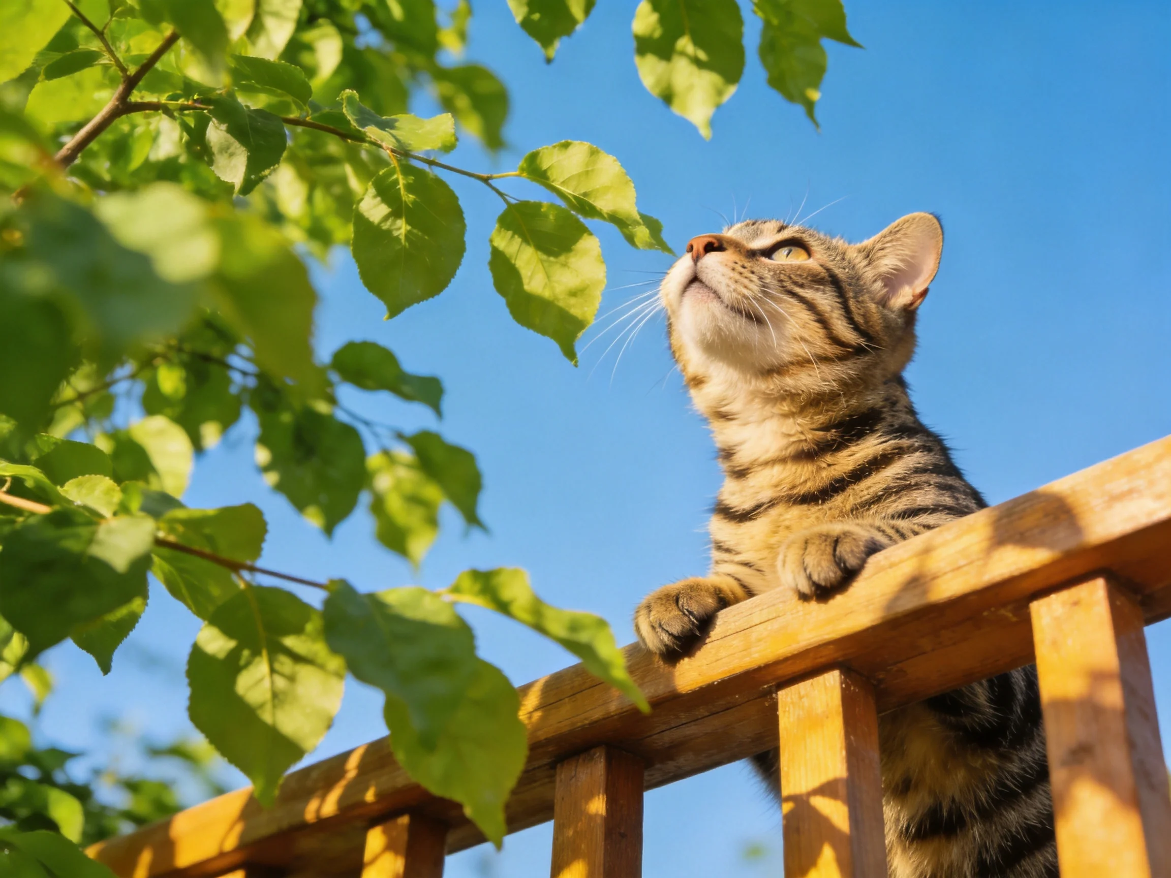 A curious tabby kitten looks upward from a wooden railing amid green leaves and a clear blue sky.