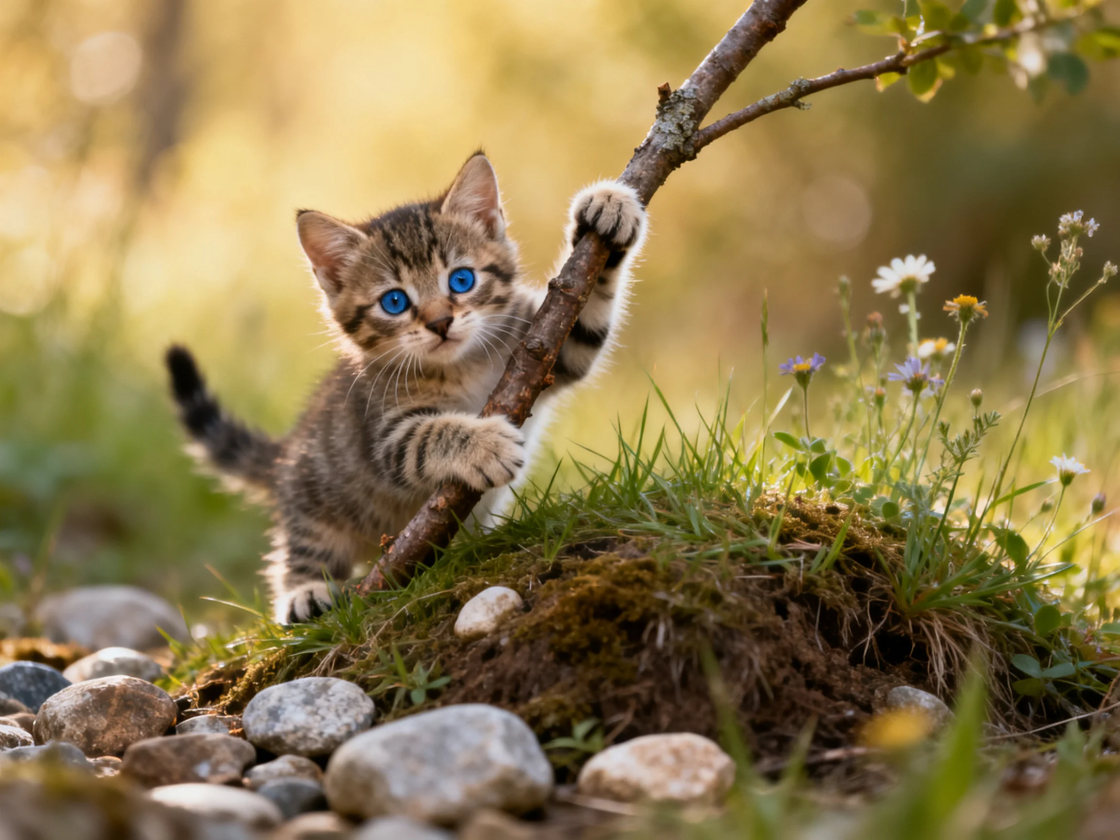 A curious tabby kitten plays with a branch in a sun-dappled natural setting.